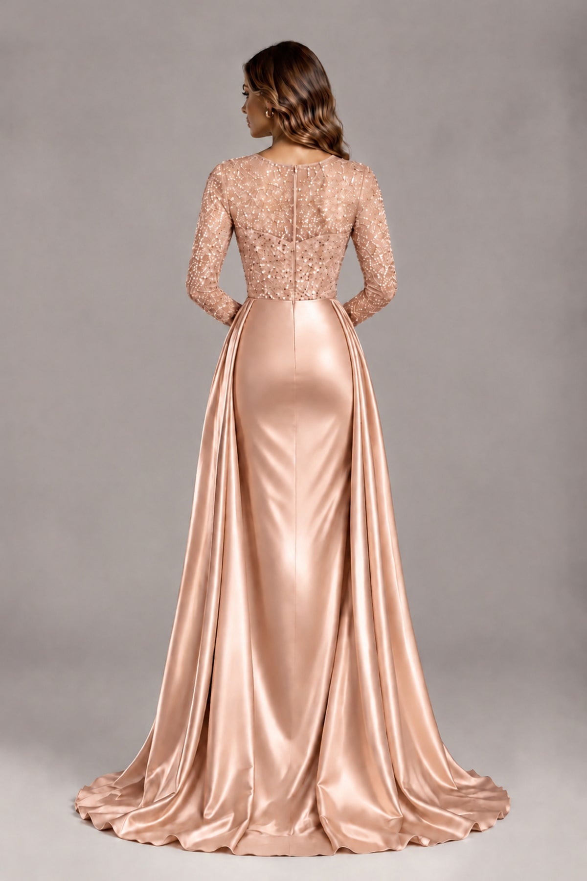 BOLODOO Rose Gold Long Sleeve Embellished Satin Evening Gown with Sweep Train - Rose Gold - Rose Gold_2