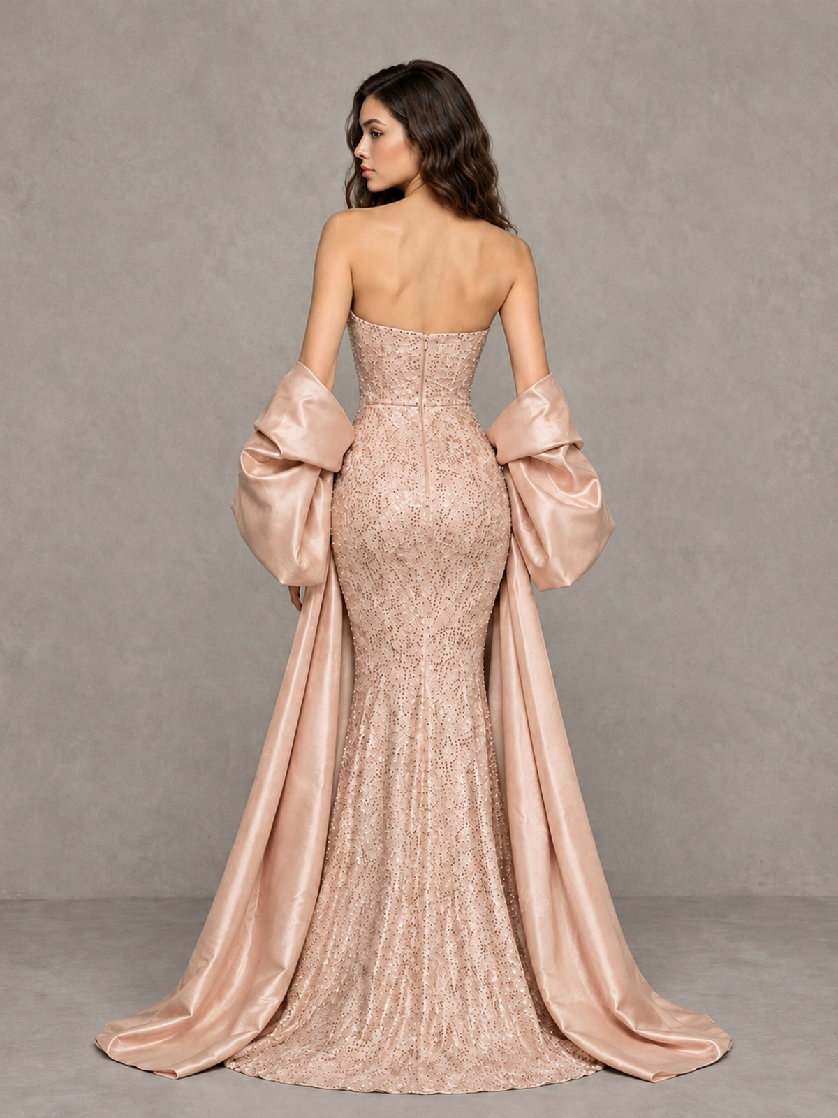 BOLODOO Rose Gold Strapless Sparkle Mermaid Prom Dress with Front Slit and Draped Sleeves - Rose Gold - Rose Gold_2