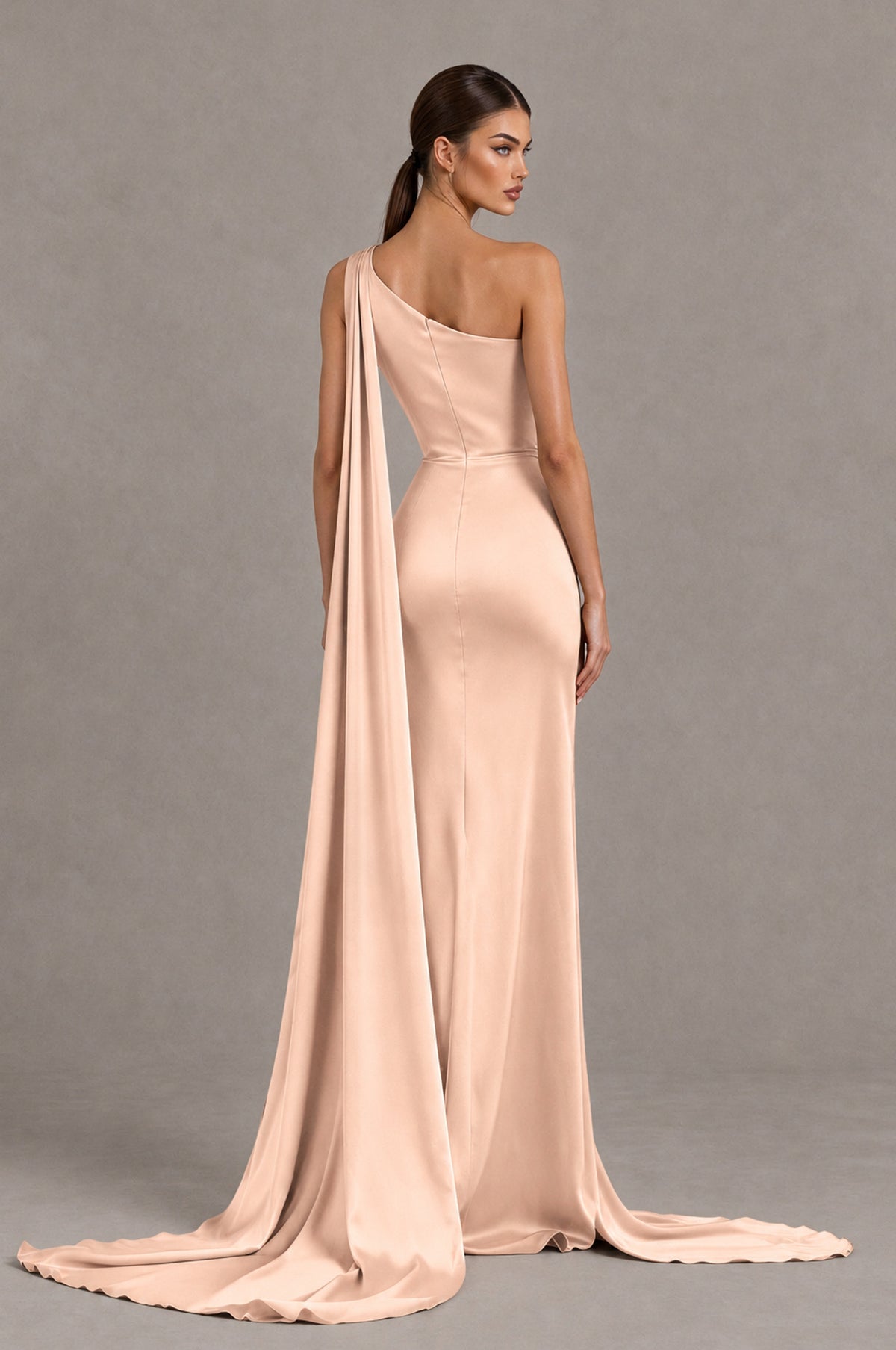 BOLODOO Rose Gold One Shoulder Satin Evening Dress with High Slit and Draped Cape Train - Rose Gold - Rose Gold_2