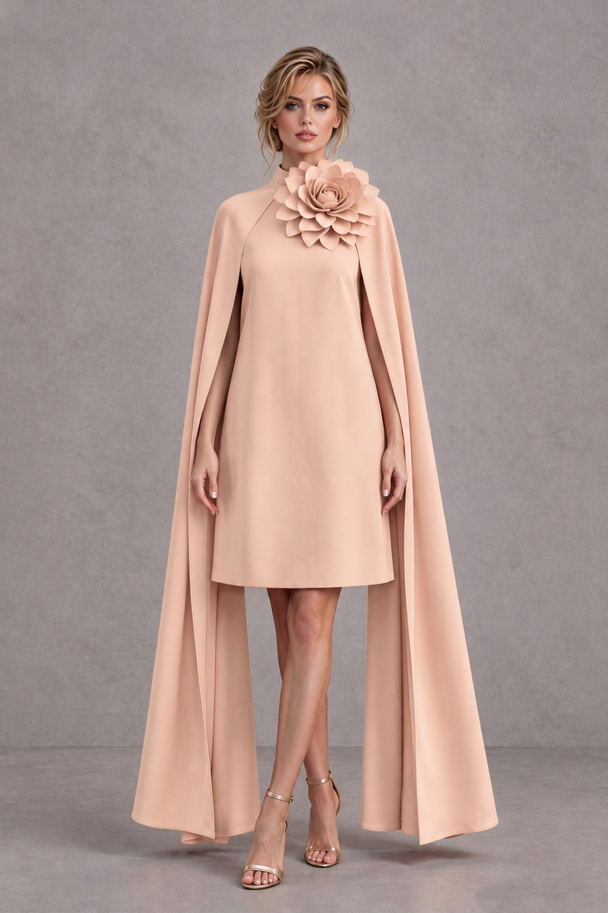BOLODOO Rose Gold High Neck Floral Cape Mini Cocktail Dress - Rose Gold - Rose Gold_2