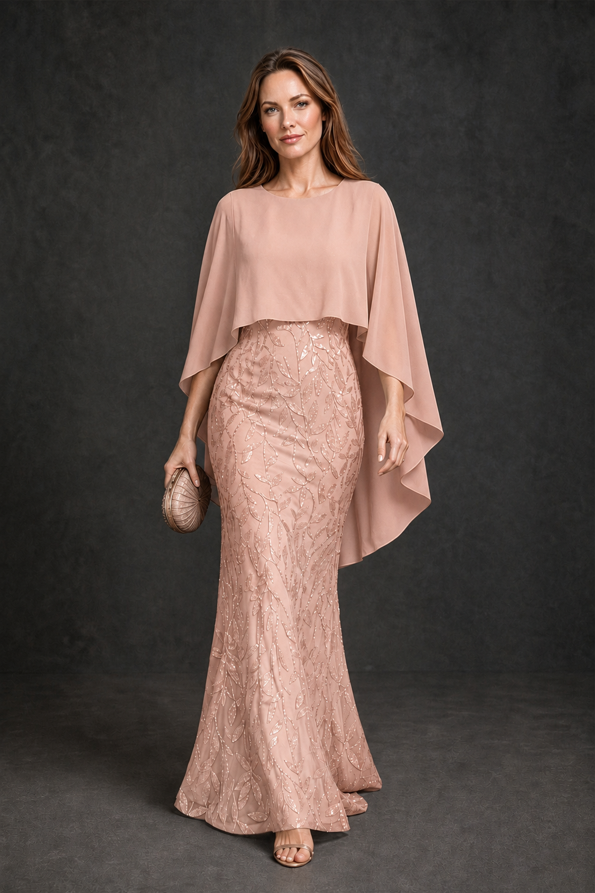 BOLODOO Rose Gold Round Neck Chiffon Cape Overlay Sequin Lace Mermaid Maxi Dress - Rose Gold - Rose Gold_2