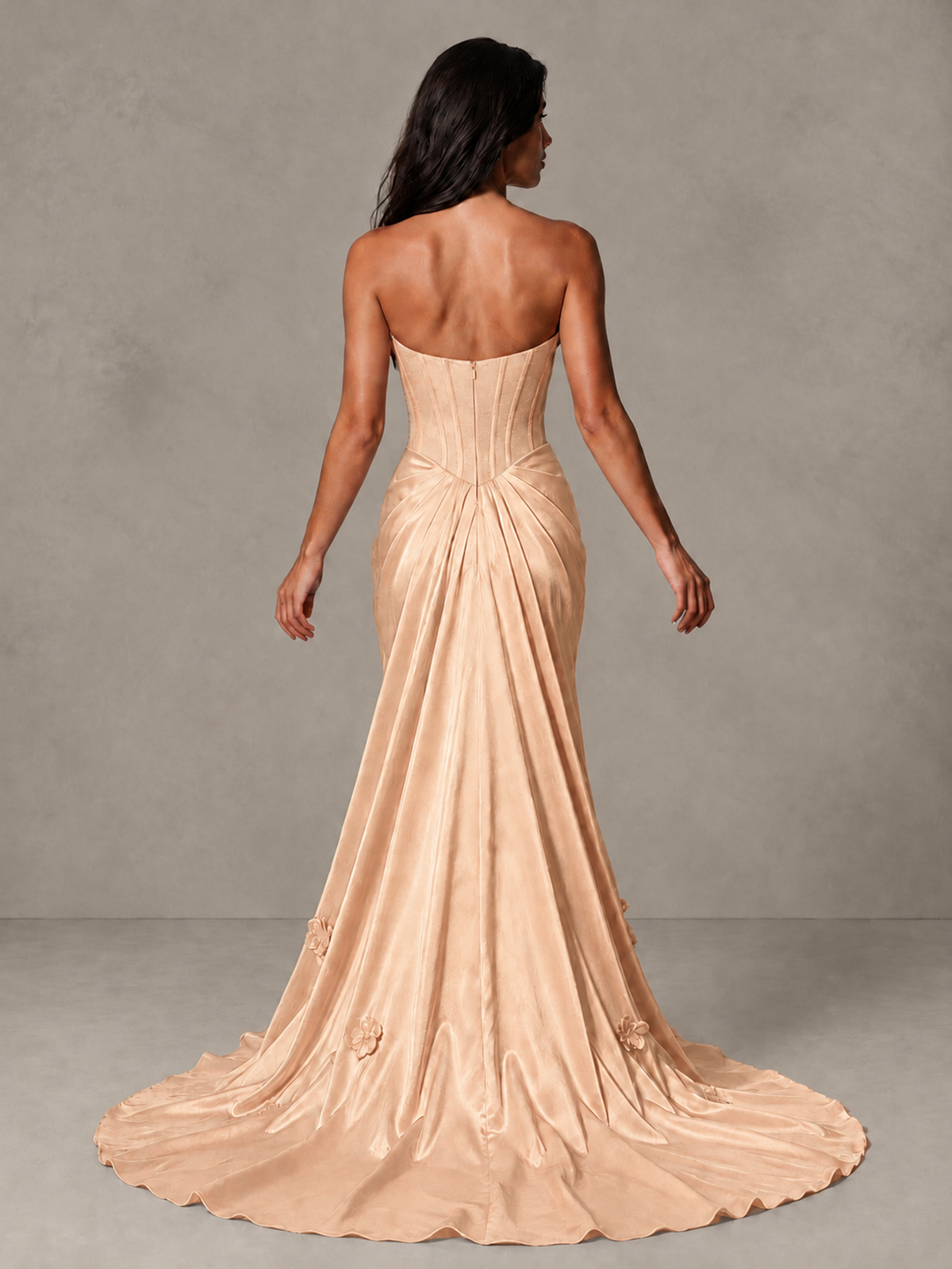 BOLODOO Rose Gold Strapless Floral Corset Evening Gown with Train - Rose Gold - Rose Gold_2