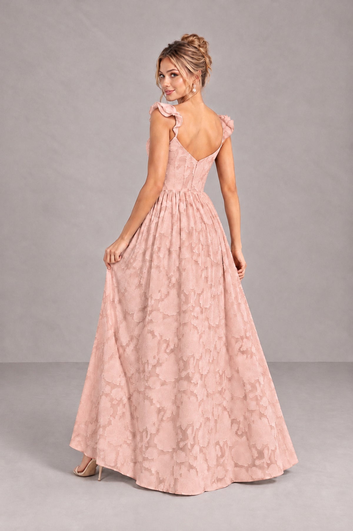 BOLODOO Rose Gold Floral A-Line Bridesmaid Dress with Slit Ruffle Straps Maxi Gown - Rose Gold - Rose Gold_2