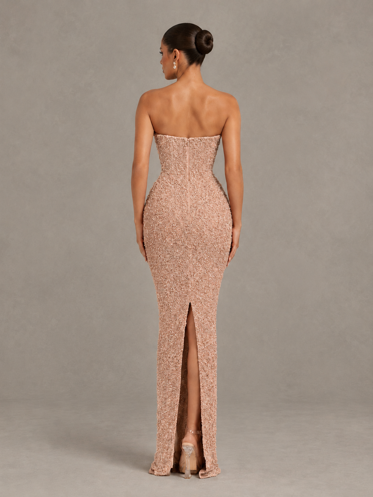 BOLODOO Rose Gold Strapless Sequin Evening Gown with Floral Neckline - Rose Gold - Rose Gold_2