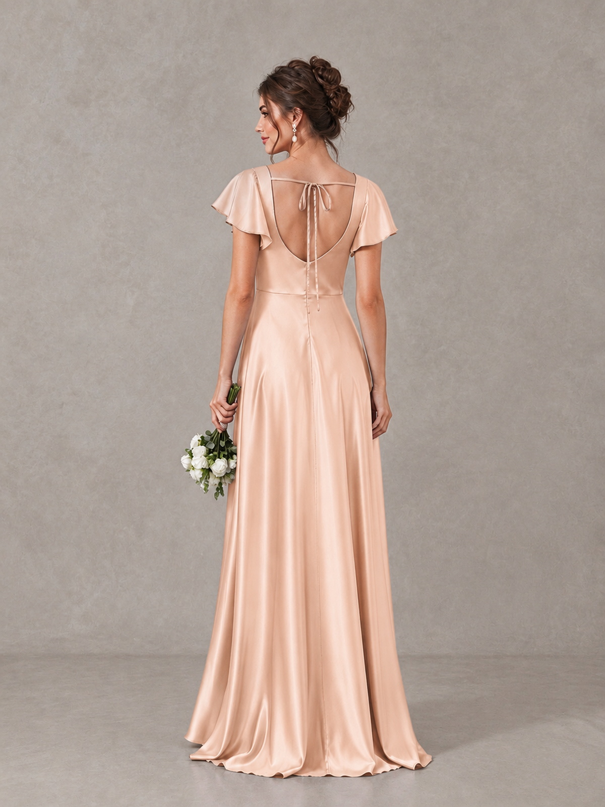 BOLODOO Rose Gold Satin Square Neck Flutter Sleeve A-Line Bridesmaid Dress with Slit - Rose Gold - Rose Gold_2