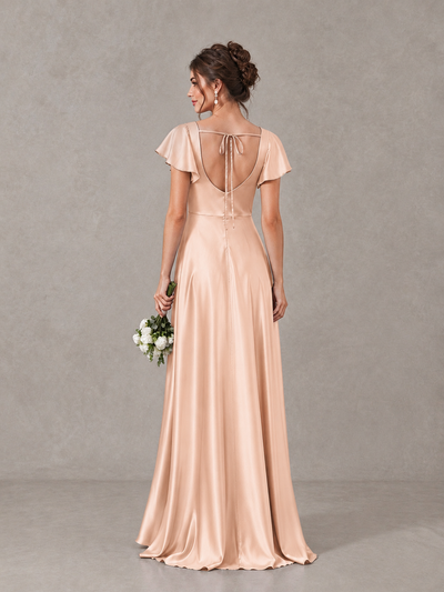 BOLODOO Rose Gold Satin Square Neck Flutter Sleeve A-Line Bridesmaid Dress with Slit - Rose Gold - Rose Gold_2