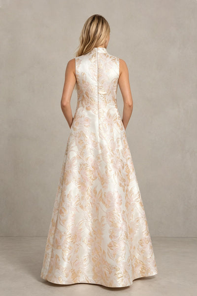 BOLODOO Rose Gold Jacquard High Neck Sleeveless A-Line Maxi Dress – Wedding Guest & Formal Evening Gown - Rose Gold