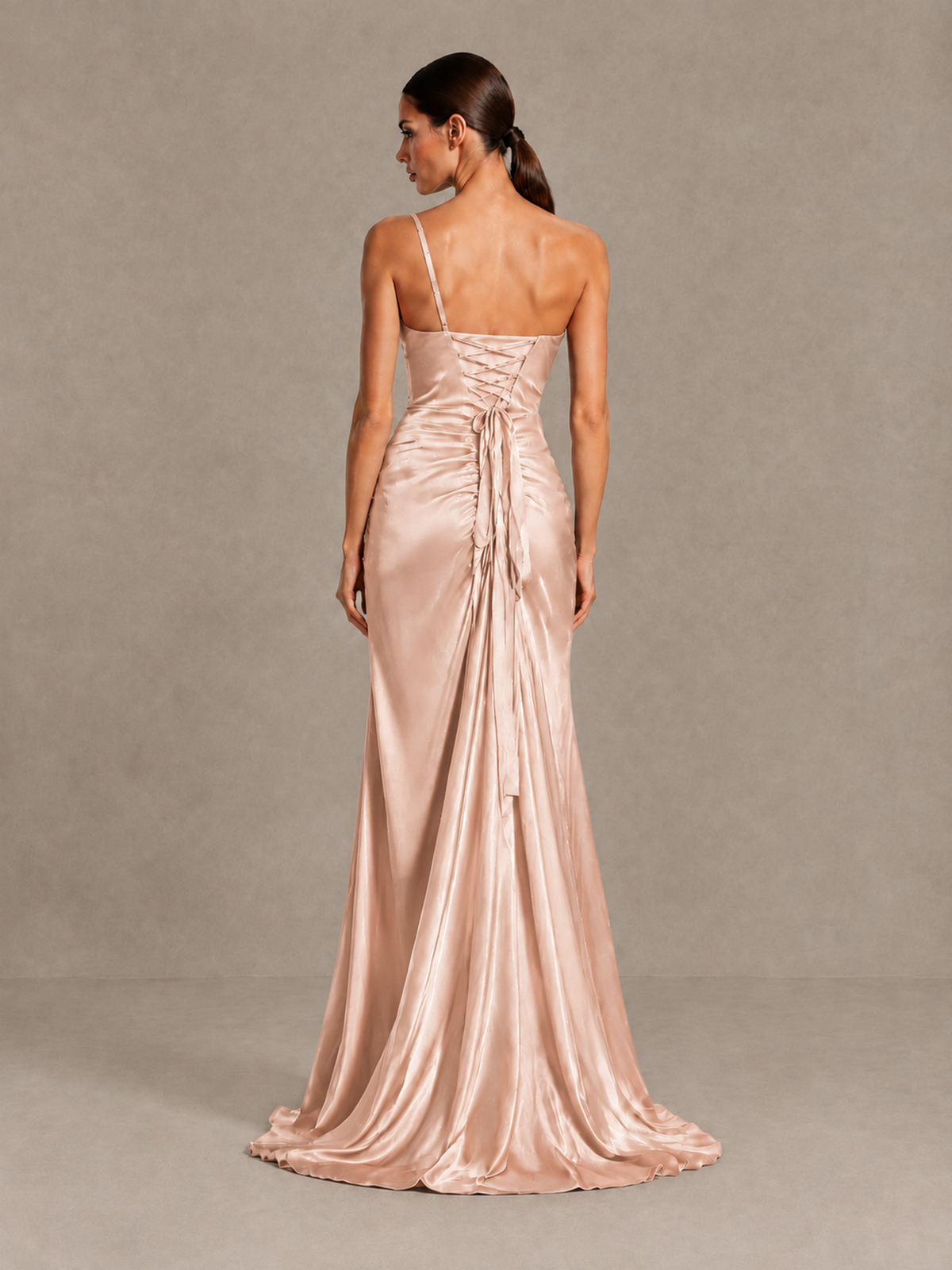 BOLODOO Rose Gold One Shoulder Satin Evening Gown with High Slit and Sweep Train - Rose Gold - Rose Gold_2