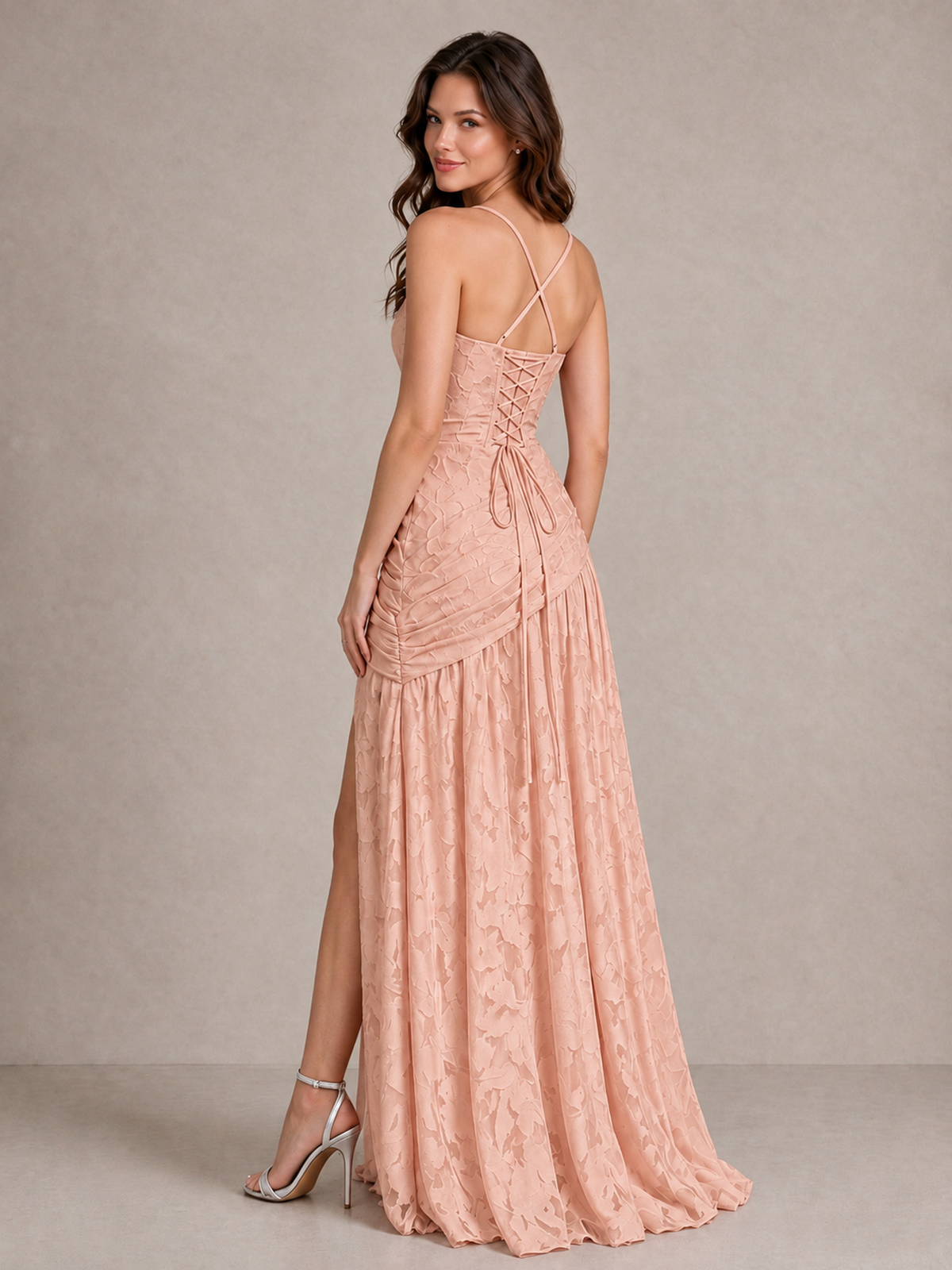BOLODOO Rose Gold Floral Jacquard Bridesmaid Dress with Square Neck, Lace-Up Back & High Slit - Rose Gold - Rose Gold_2