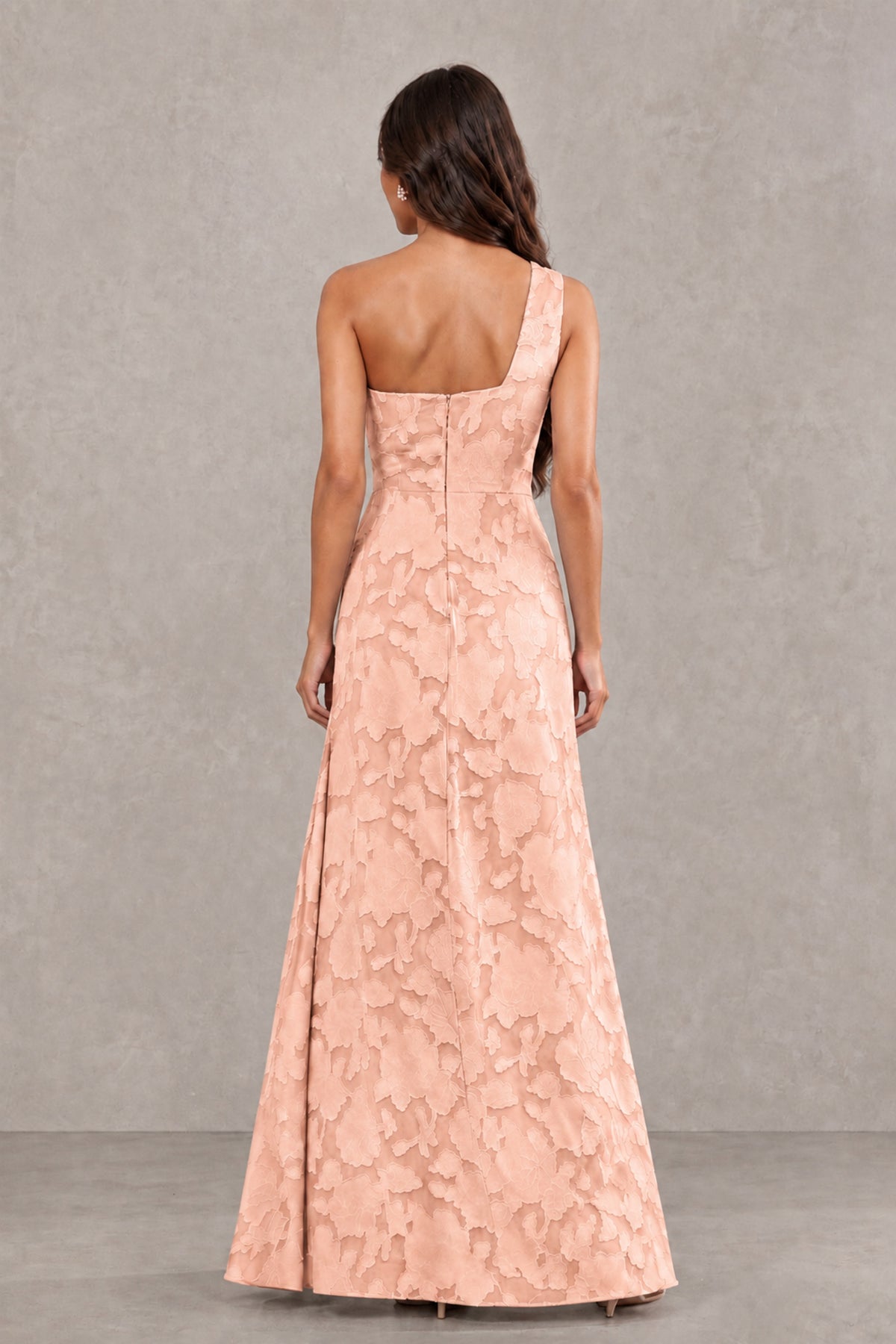 BOLODOO Rose Gold One-Shoulder Floral Textured Maxi Dress with High Slit - Rose Gold - Rose Gold_2