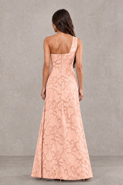 BOLODOO Rose Gold One-Shoulder Floral Textured Maxi Dress with High Slit - Rose Gold - Rose Gold_2