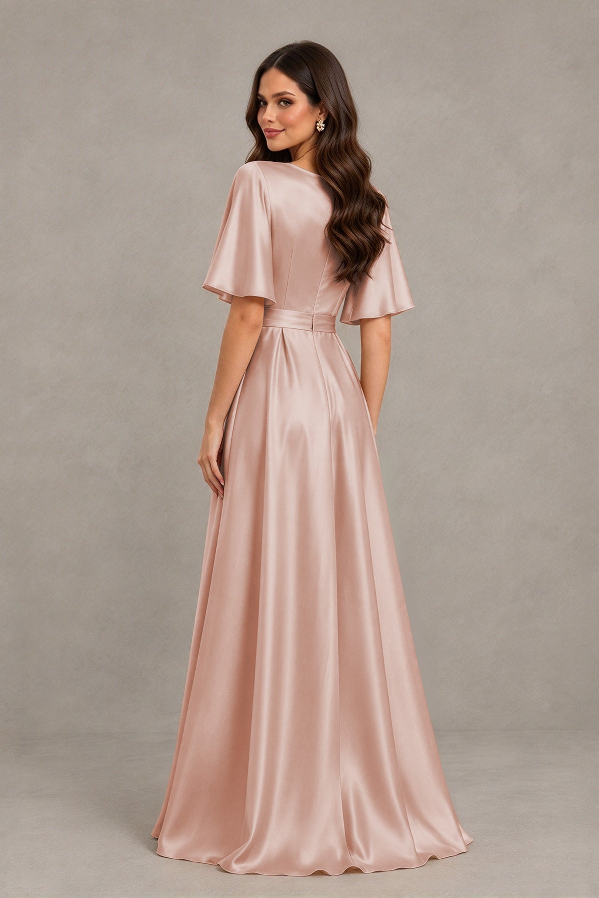 BOLODOO Rose Gold Satin V-Neck Flutter Sleeve Bridesmaid Dress with Slit - Rose Gold - Rose Gold(2)