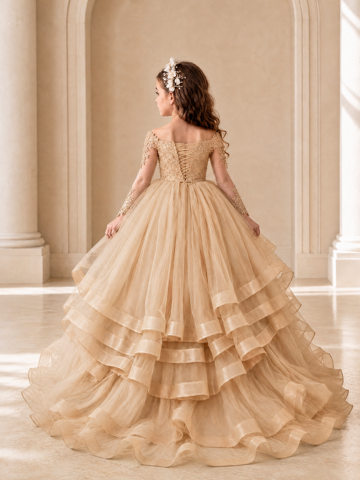 BOLODOO Rose Gold Lace Long Sleeve Tiered Flower Girl Dress - Rose Gold - Rose_Gold_2