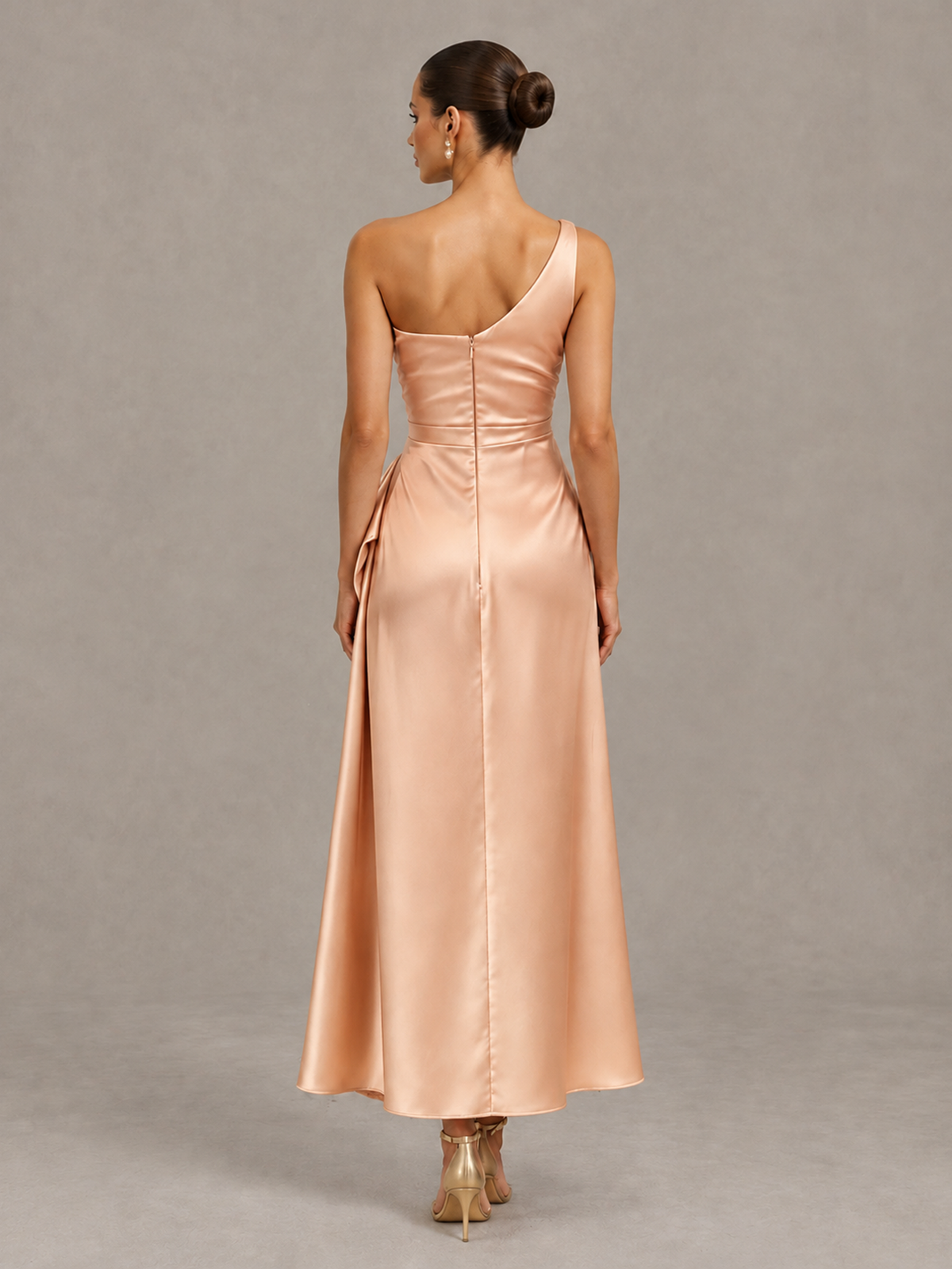 BOLODOO Rose Gold One Shoulder Satin Cocktail Dress with Draped A-Line Skirt - Rose Gold - Rose Gold_2