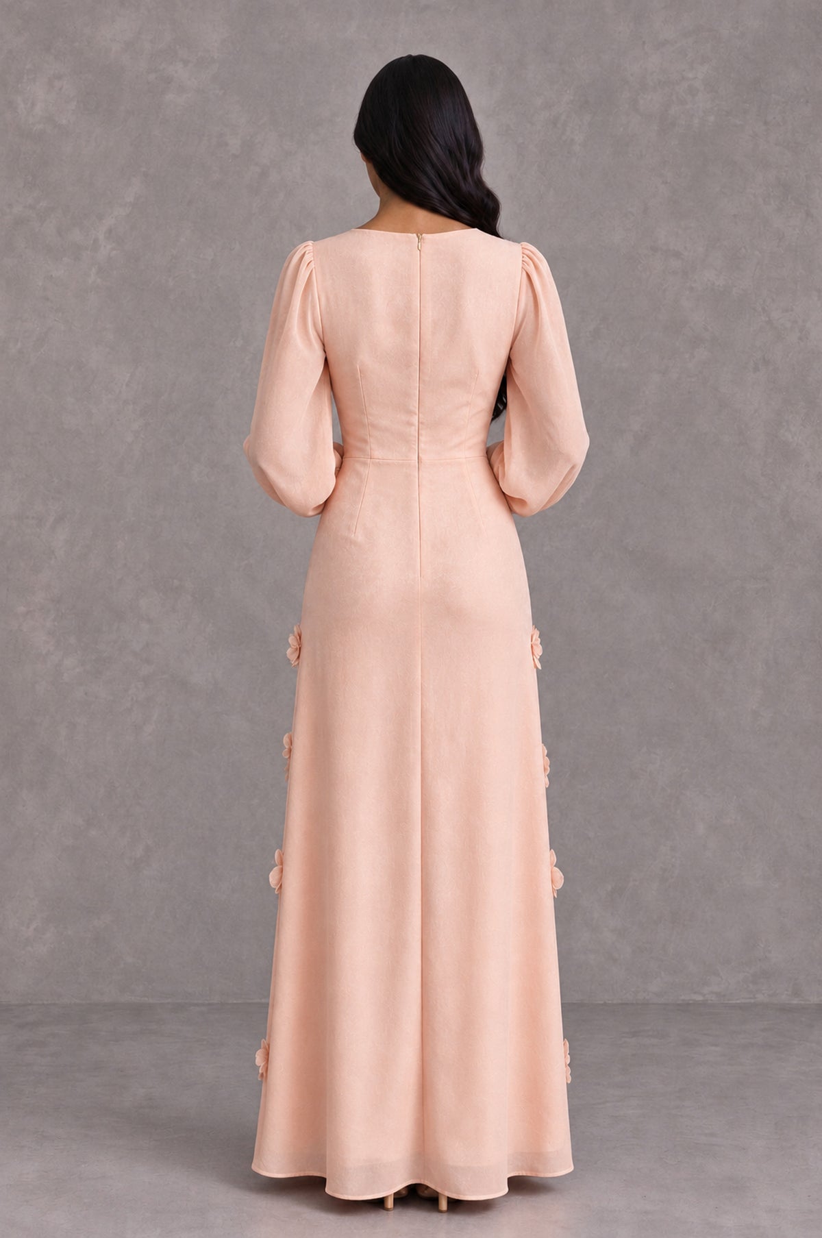 BOLODOO Rose Gold Long Sleeve Floral Applique A-Line Evening Dress - Rose Gold - Rose Gold_2