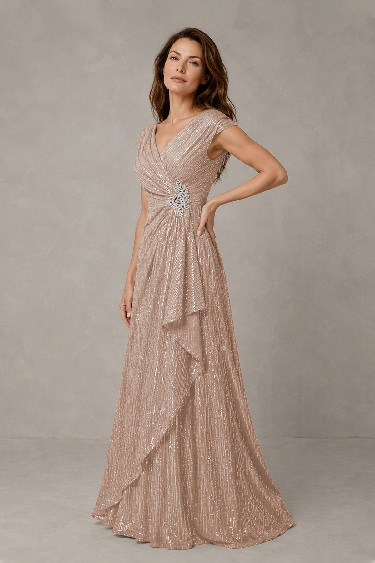 BOLODOO Rose Gold Sequin V-Neck Cap Sleeve Maxi Dress - Rose Gold