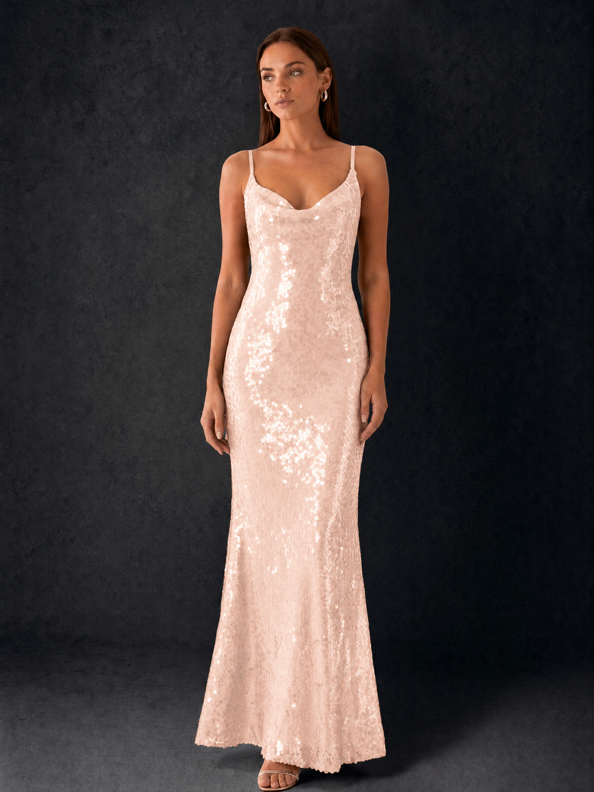 BOLODOO Bronze Sequin Cowl Neck Spaghetti Strap Mermaid Maxi Dress with Open Criss-Cross Back - Rose Gold - Rose Gold