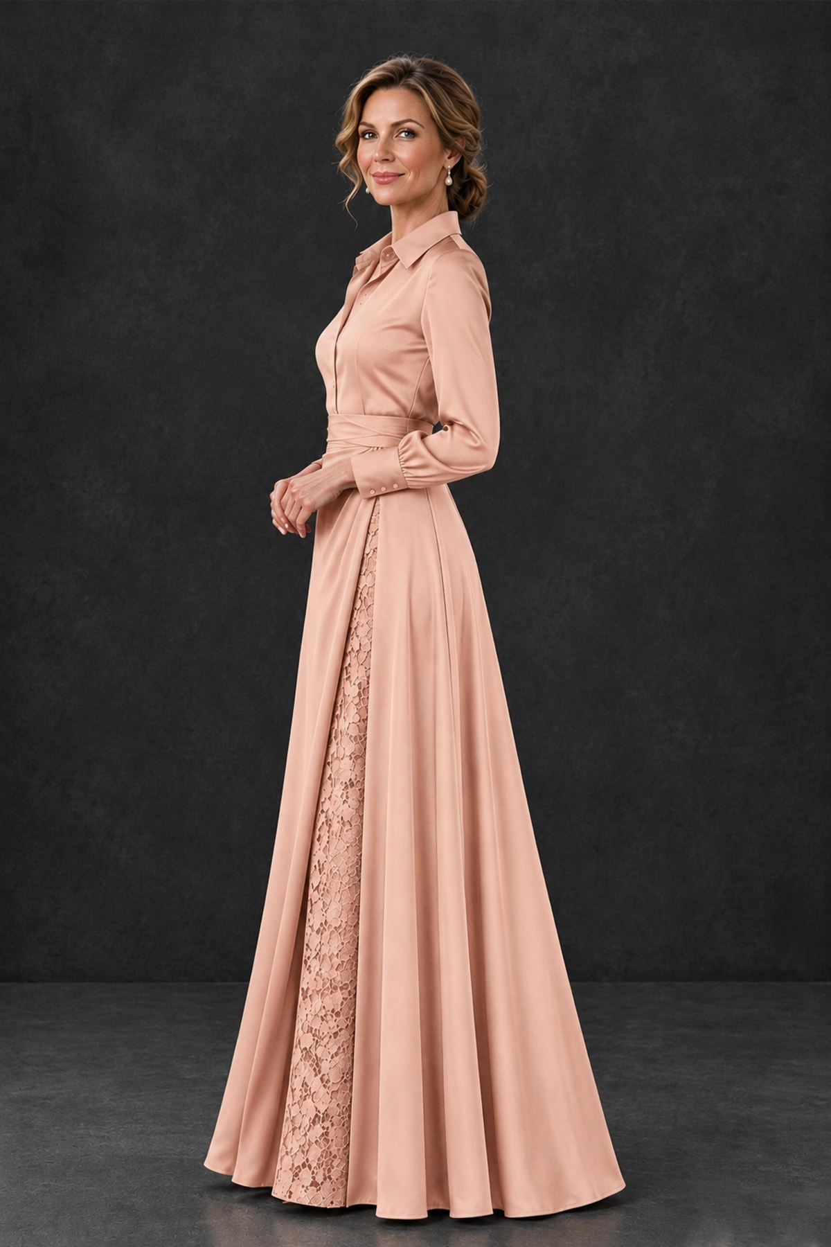 BOLODOO Rose Gold Long Sleeve Satin-Look Lace Panel Gown - Rose Gold - Rose Gold_3