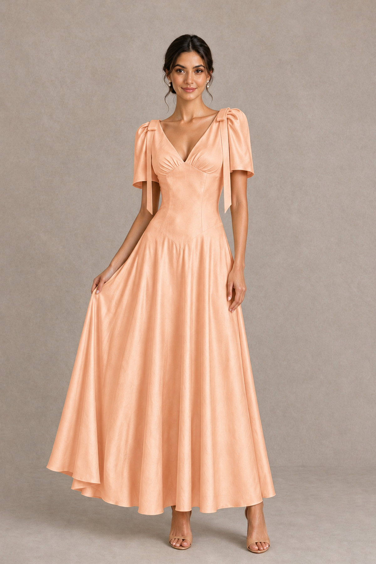 BOLODOO Rose Gold V-Neck Short Sleeve Satin-Look Bridesmaid Dress with Shoulder Bows - Rose Gold - Rose Gold_3