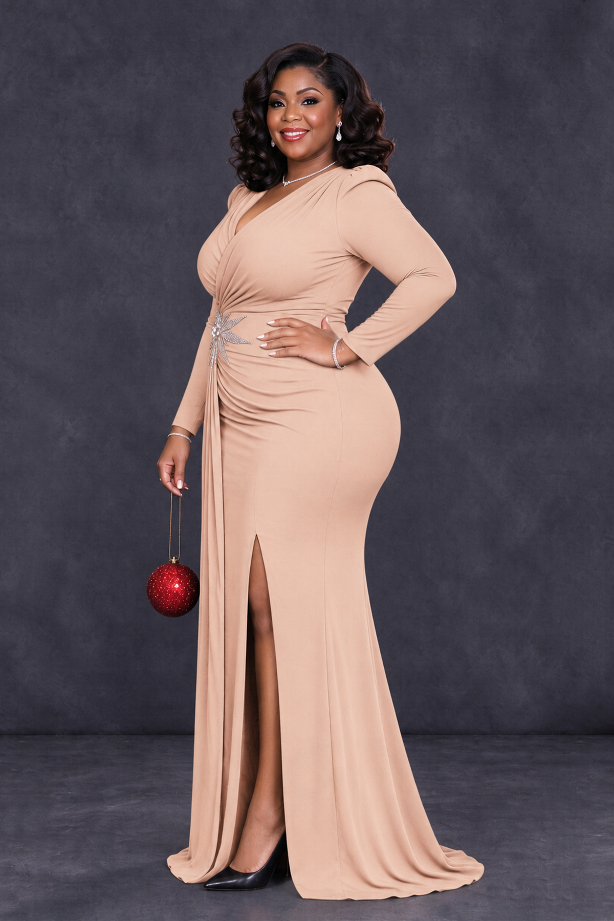 BOLODOO Rose Gold Plus Size Long Sleeve V-Neck Mother of the Bride Dress with Slit - Rose Gold - Rose Gold_3