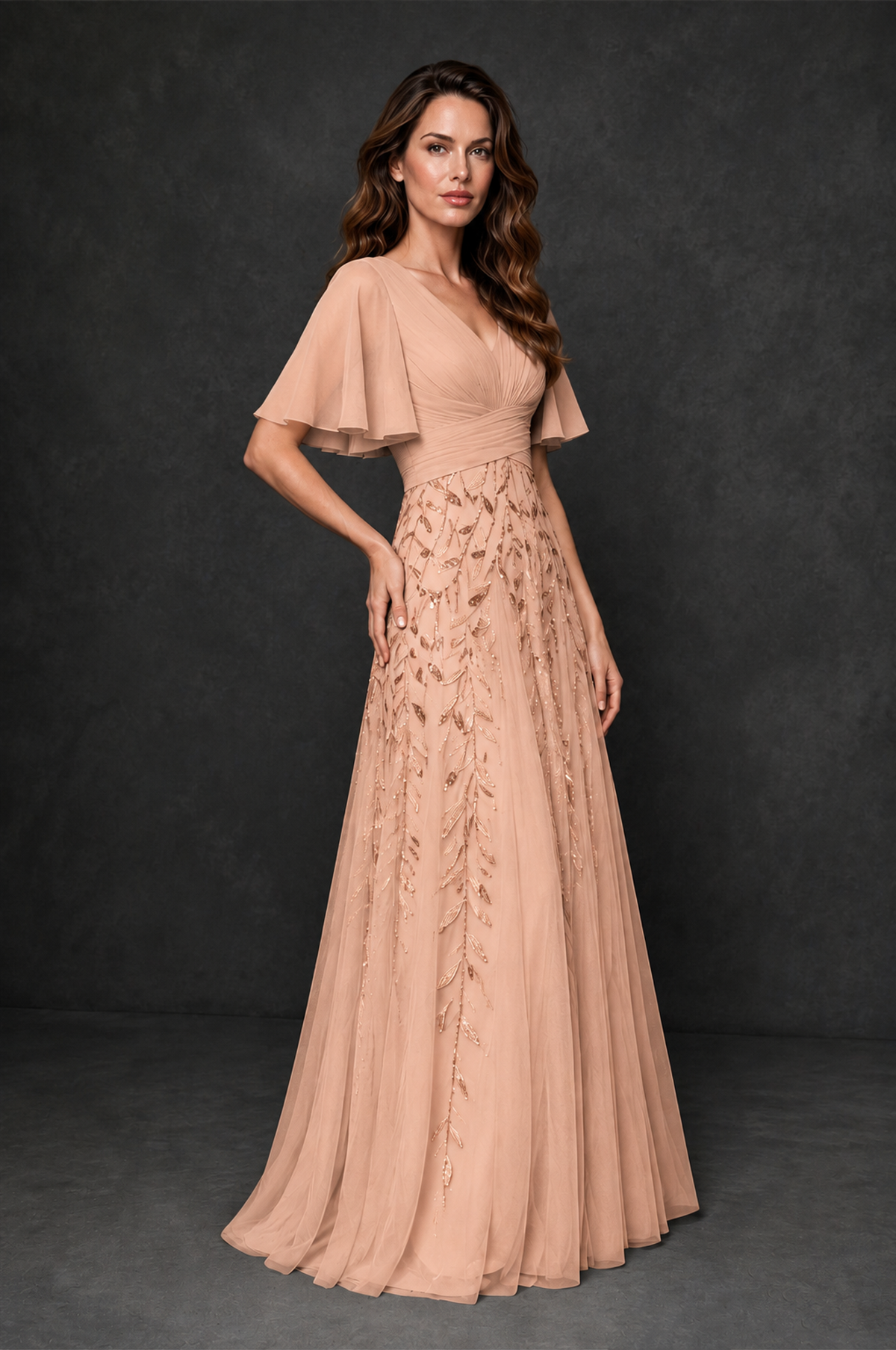 BOLODOO Rose Gold V-Neck Flutter Sleeve Beaded Botanical Tulle A-Line Gown | Mother of the Bride Evening Dress - Rose Gold - Rose Gold_3