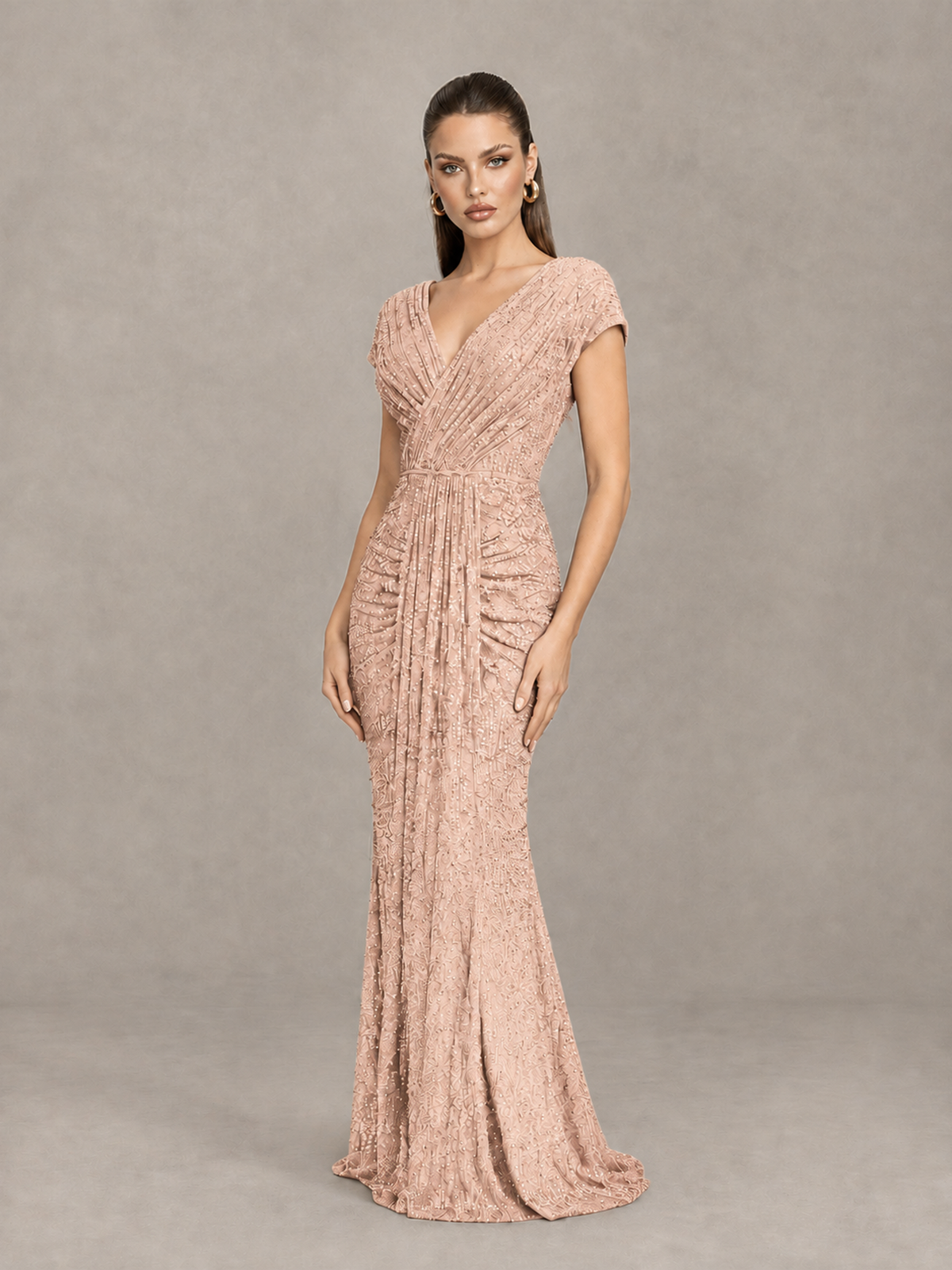 BOLODOO Rose Gold Glitter V-Neck Cap Sleeve Ruched Mermaid Evening Gown - Rose Gold - Rose Gold_3