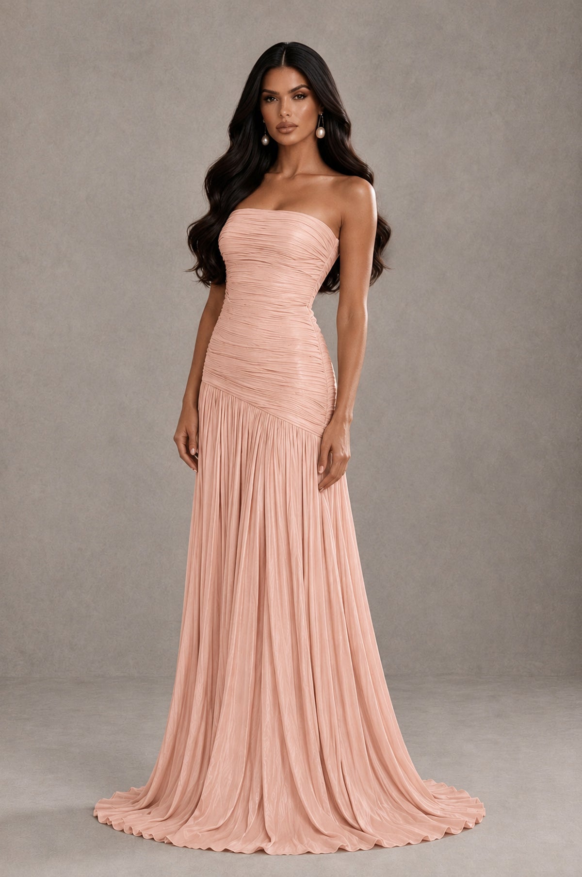 BOLODOO Rose Gold Metallic Ruched Strapless Pleated A-Line Backless Maxi Dress with Train - Rose Gold - Rose Gold_3