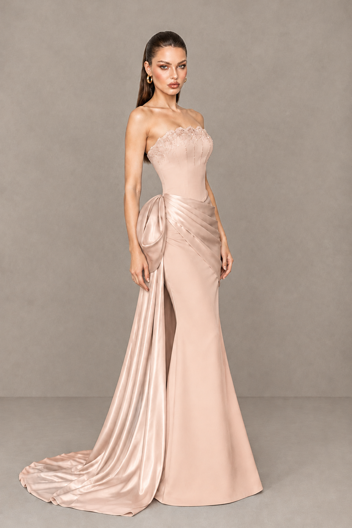 BOLODOO Rose Gold Strapless Satin Prom Dress with Draped Side Train - Rose Gold - Rose_Gold_3