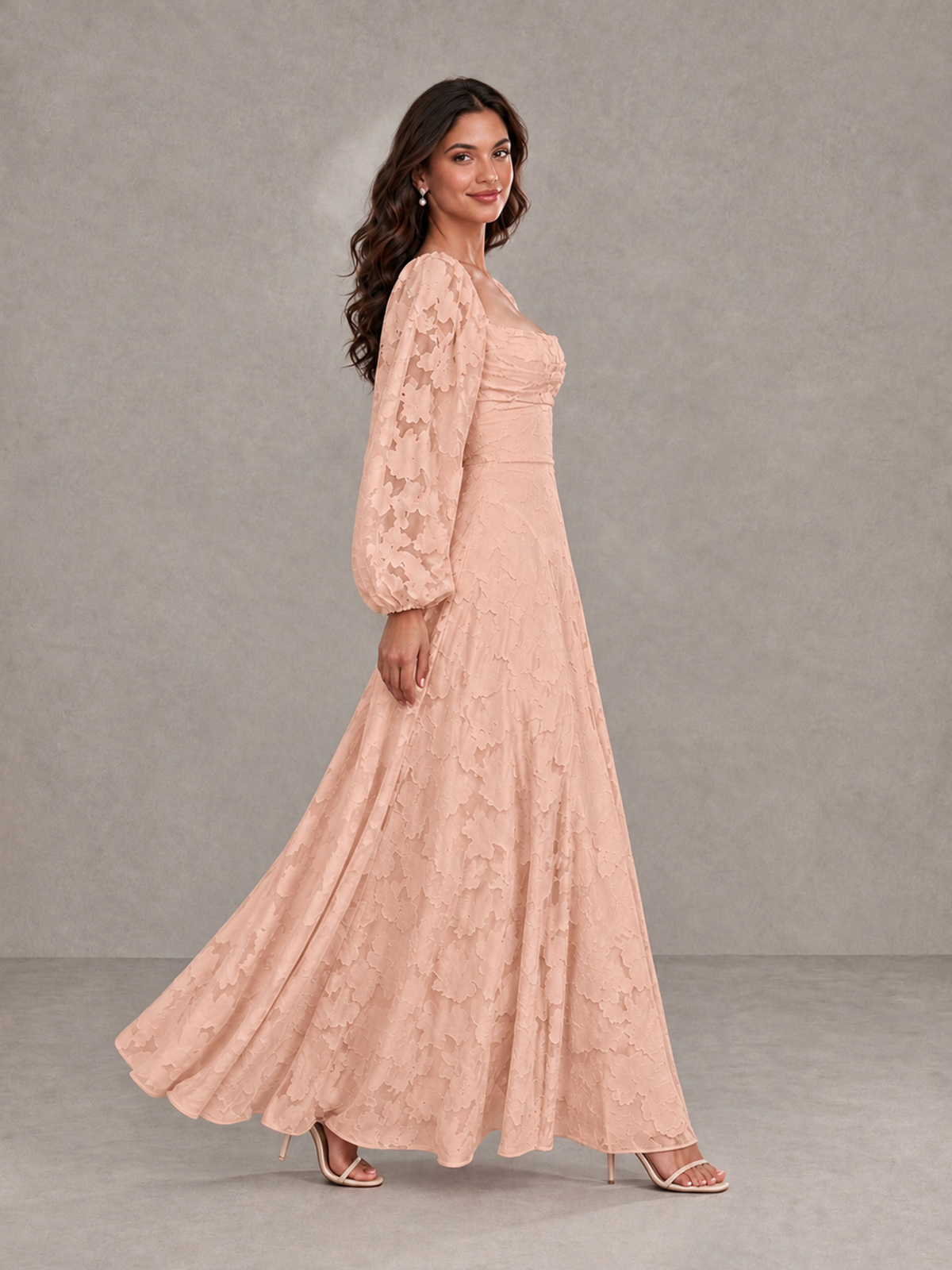 BOLODOO Rose Gold Floral Long Sleeve A-Line Bridesmaid Dress - Rose Gold - Rose Gold_3