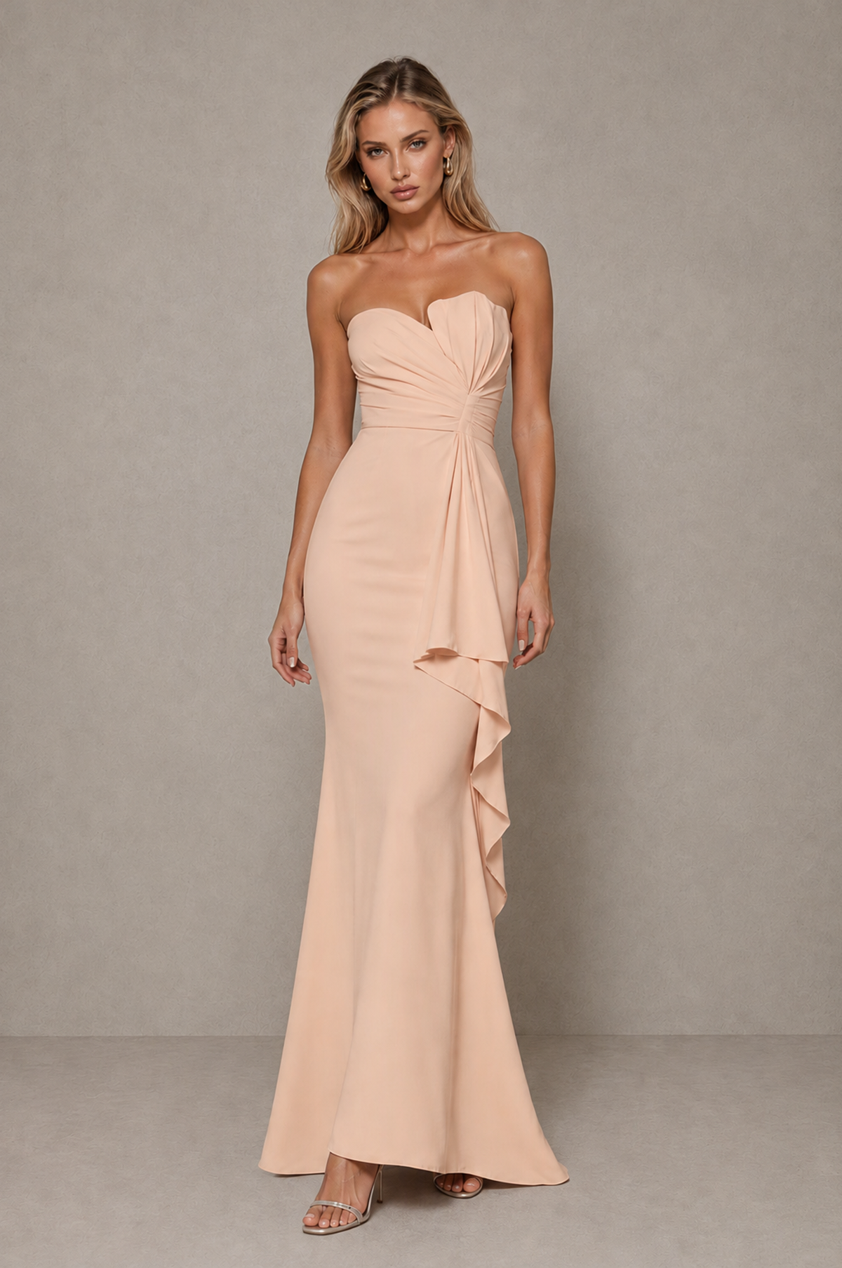 BOLODOO Rose Gold Strapless Sweetheart Ruched Mermaid Gown | Cascade Drape Formal Evening Dress - Rose Gold - Rose_Gold_3