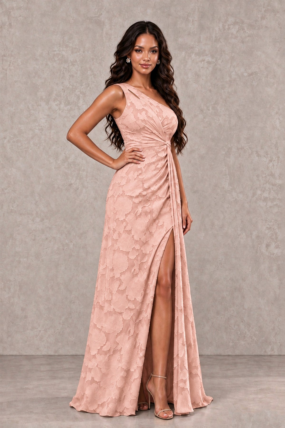 BOLODOO Rose Gold One-Shoulder Floral Textured Maxi Dress with High Slit - Rose Gold - Rose Gold_3
