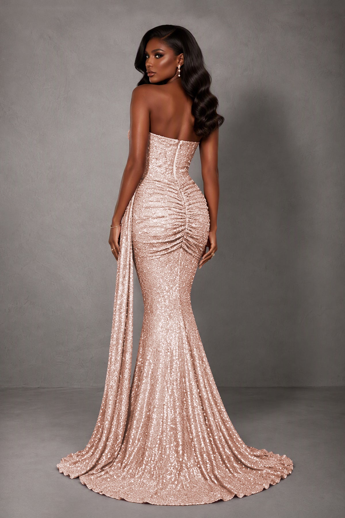 BOLODOO Rose Gold Sequin Strapless Corset Mermaid Evening Gown with Train - Rose Gold