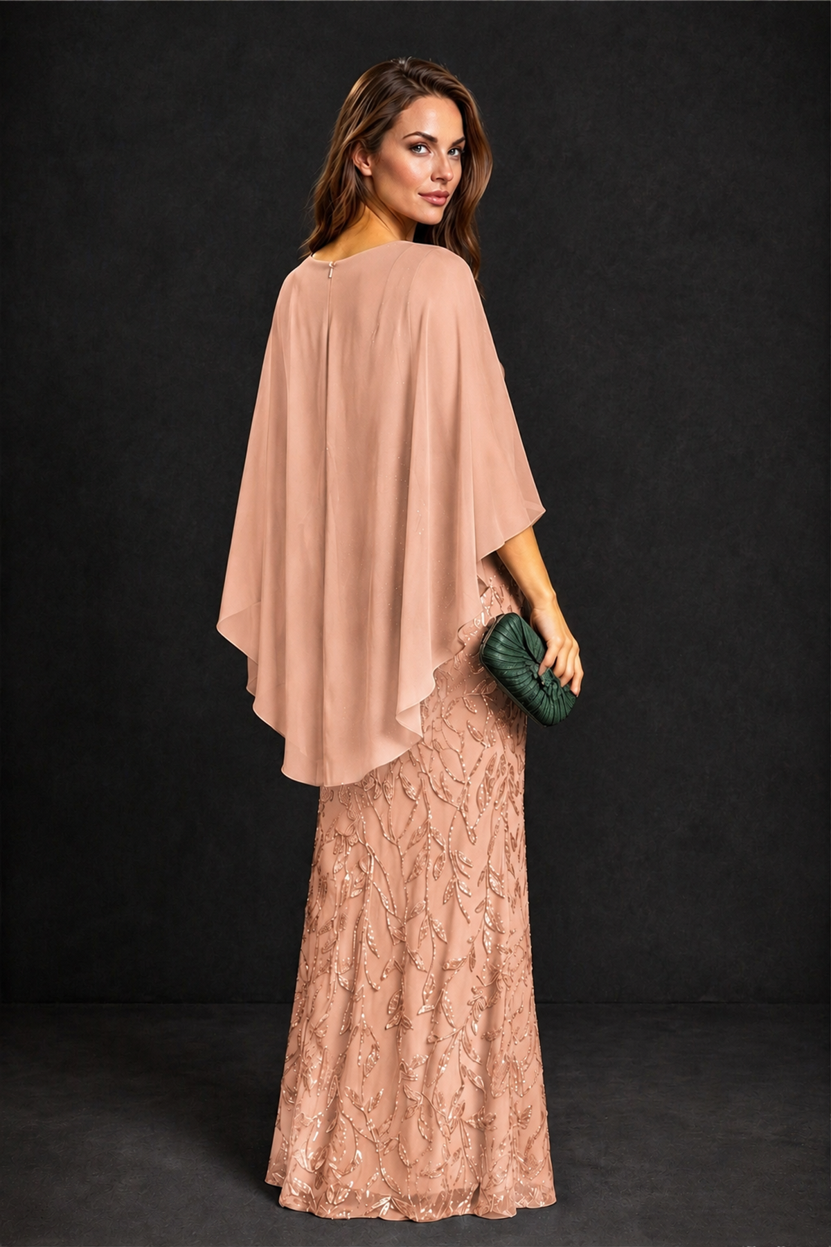 BOLODOO Rose Gold Round Neck Chiffon Cape Overlay Sequin Lace Mermaid Maxi Dress - Rose Gold - Rose Gold_3