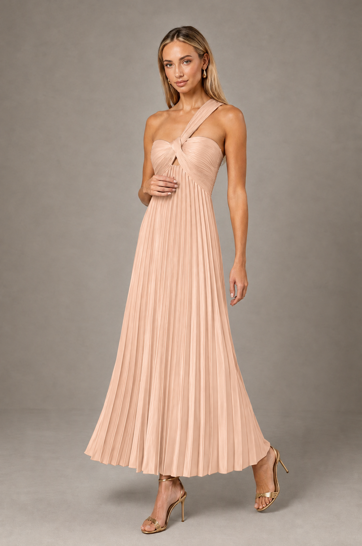 BOLODOO Rose Gold One-Shoulder Twist Knot Pleated Satin Midi Dress with Cutout - Rose Gold - Rose_Gold_3