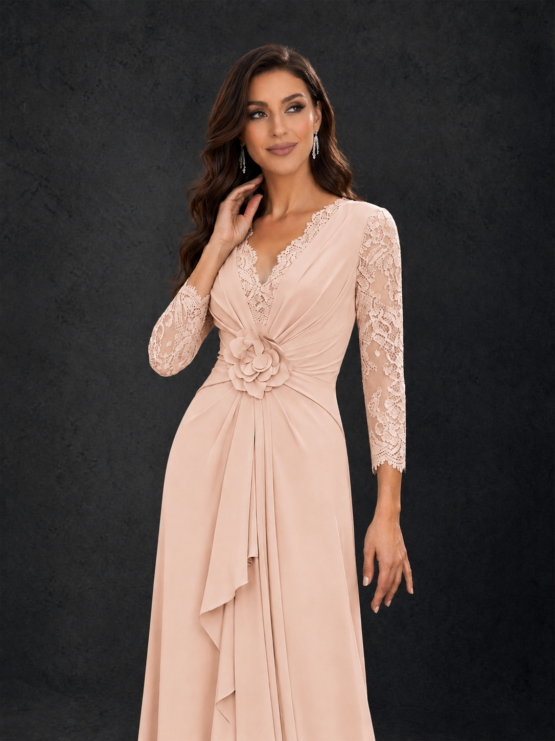 BOLODOO Rose Gold Lace Sleeve V-Neck Floral Waist Chiffon A-Line Maxi Dress - Rose Gold