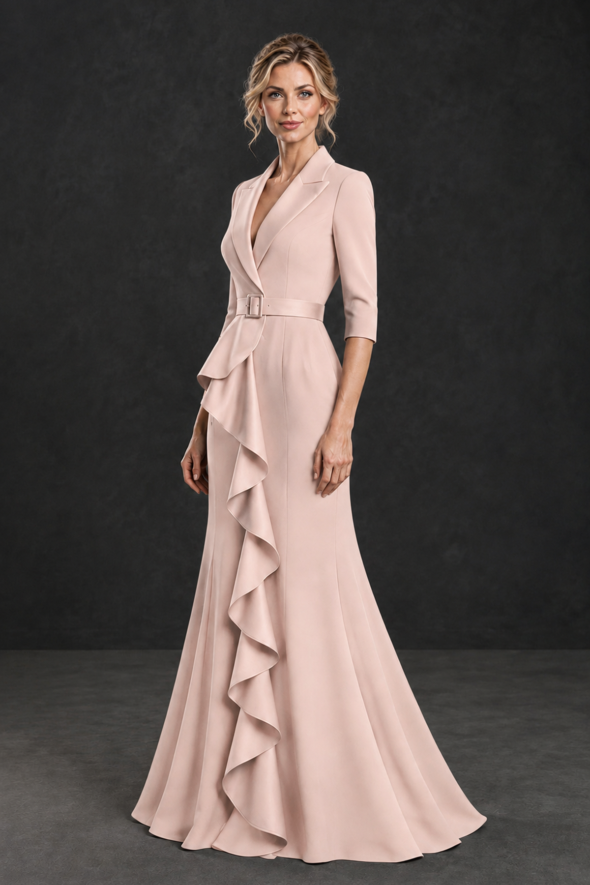BOLODOO Rose Gold Lapel Ruffle Mother of the Bride Dress with Belt - Rose Gold - Rose Gold_3
