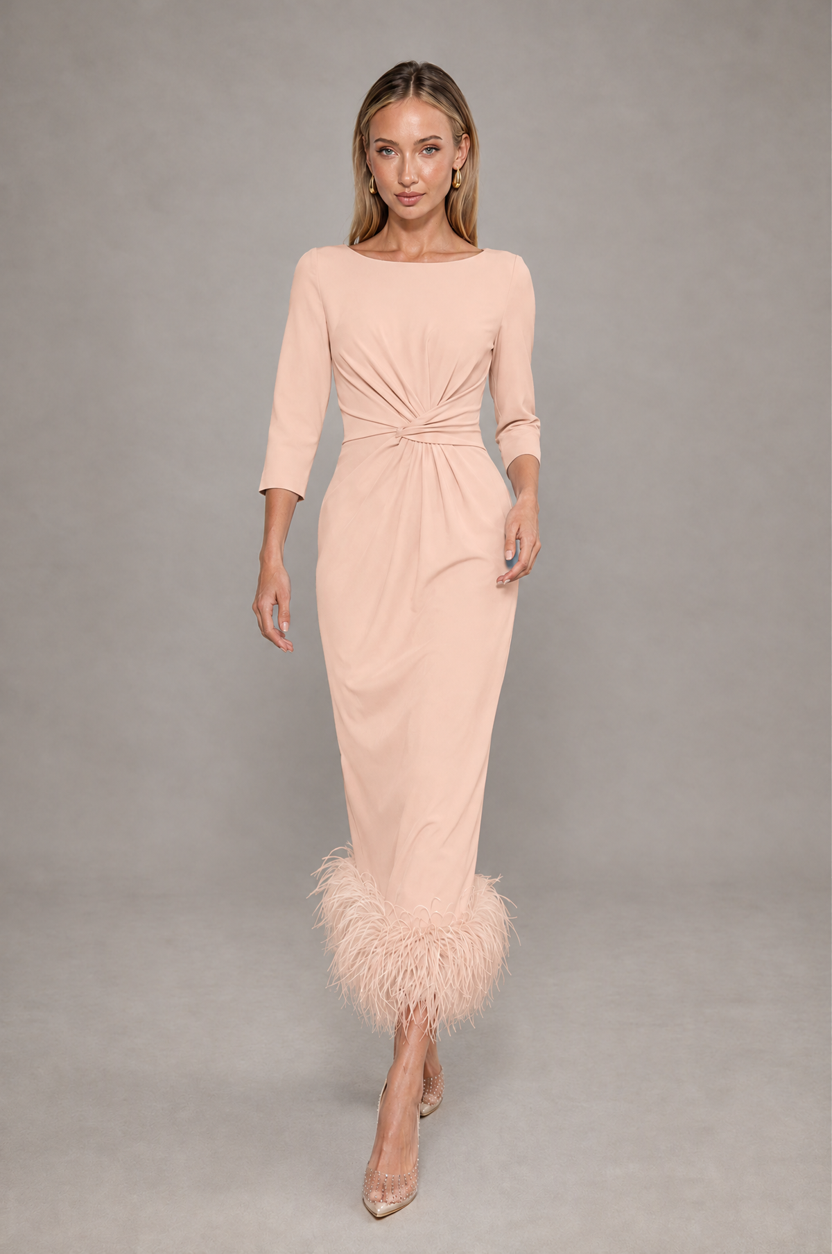 BOLODOO Rose Gold Feather-Trim Twist-Waist Midi Dress - Rose Gold - Rose_Gold_3