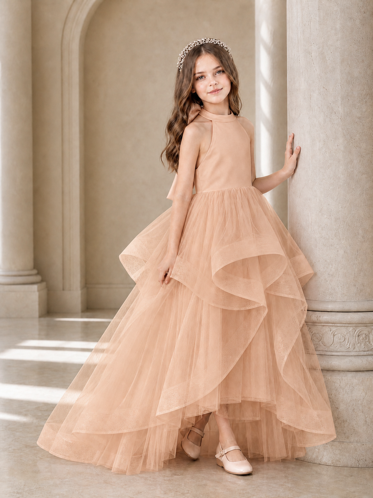 BOLODOO Rose Gold Halter Tiered Tulle Flower Girl Dress with Bow Back - Rose Gold - Rose Gold_3