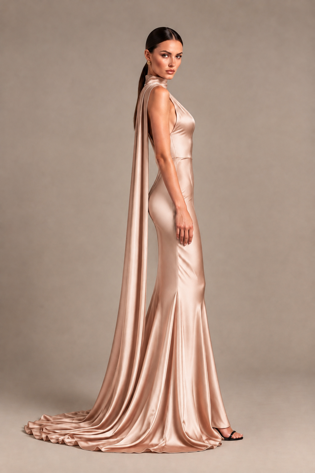 BOLODOO Rose Gold One-Shoulder Satin Mermaid Evening Dress with Scarf - Rose Gold - Rose Gold_3