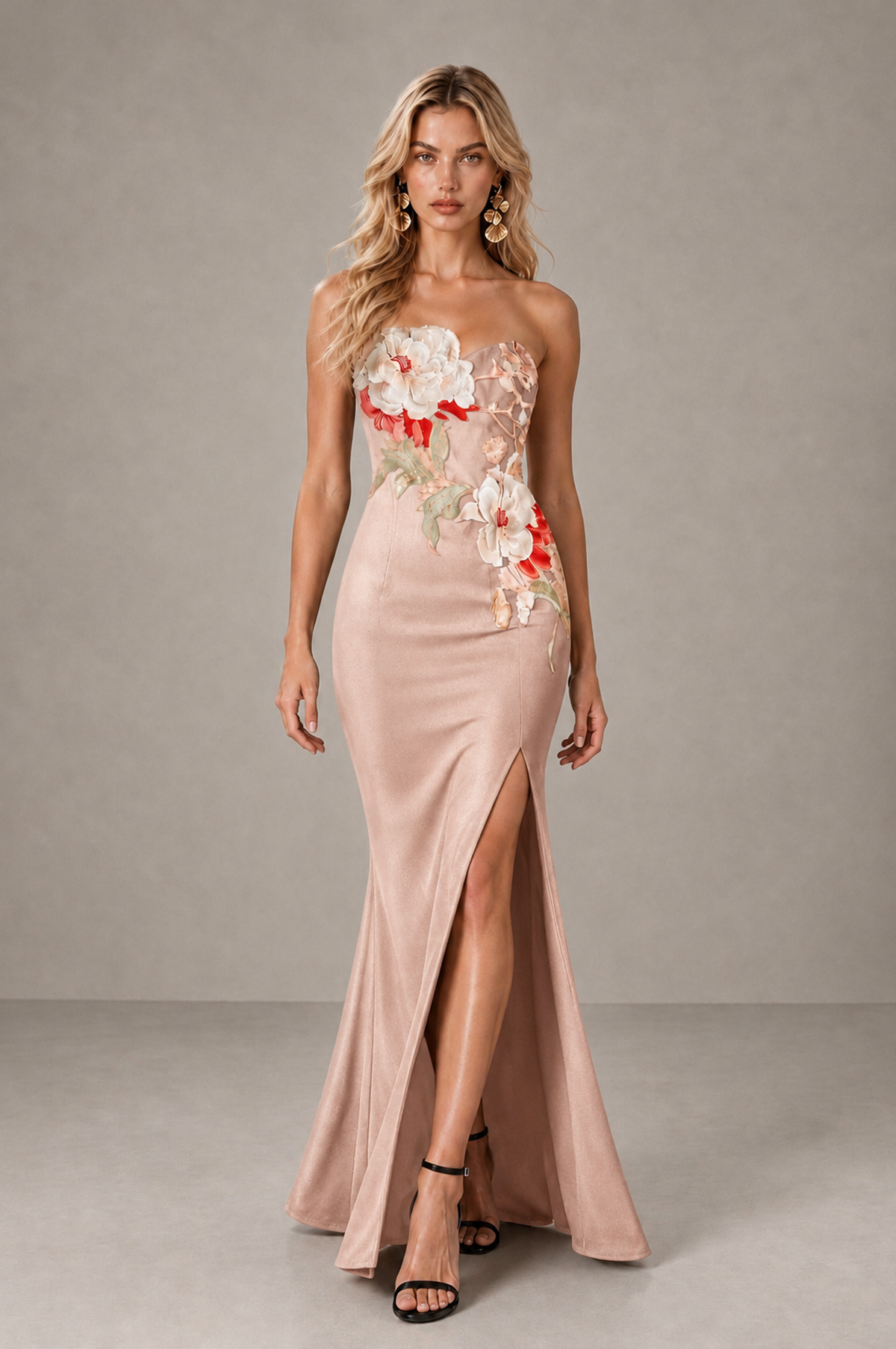 BOLODOO Rose Gold Strapless Floral Mermaid Evening Dress with Slit - Rose Gold - Rose_Gold_3
