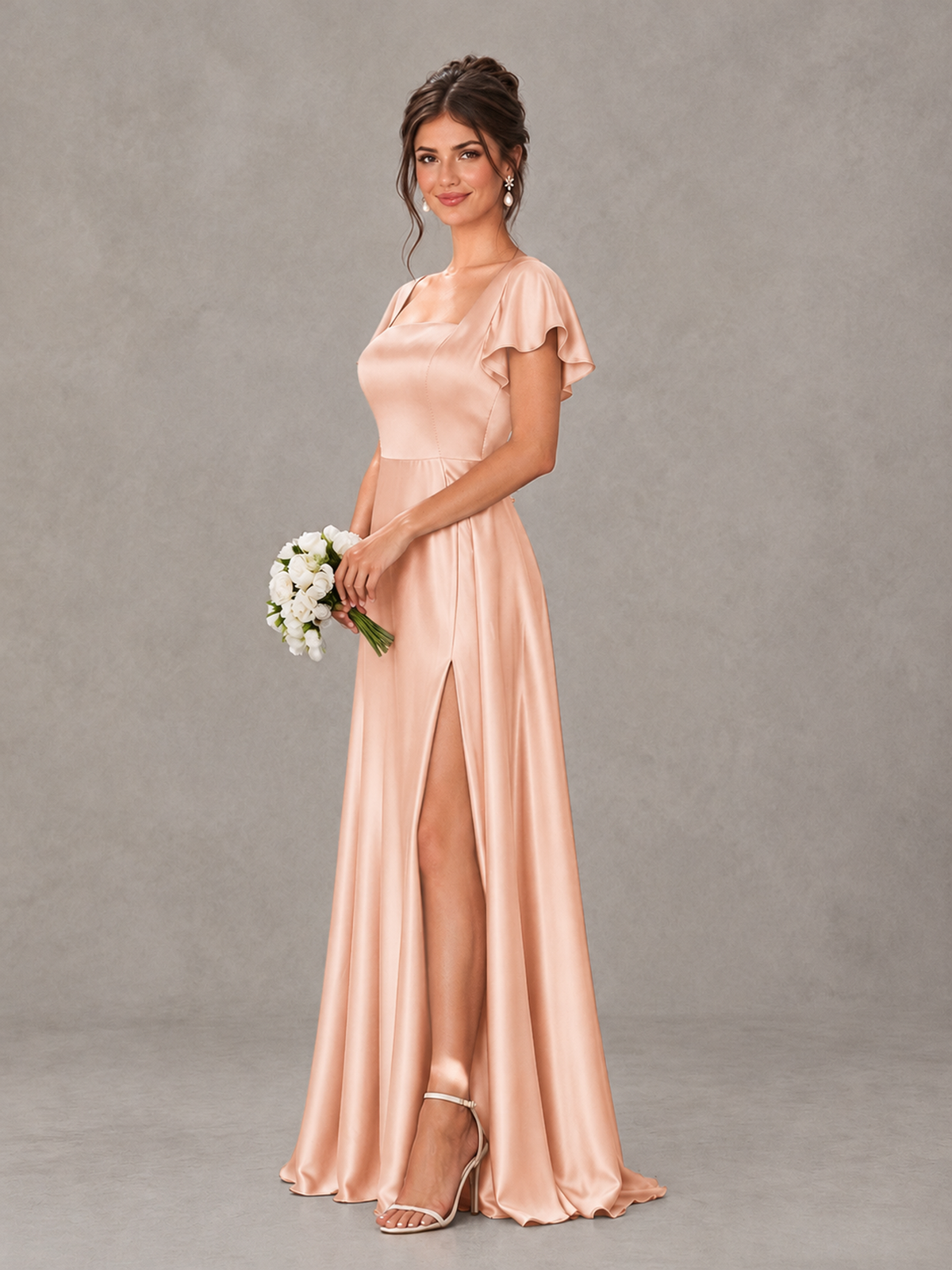 BOLODOO Rose Gold Satin Square Neck Flutter Sleeve A-Line Bridesmaid Dress with Slit - Rose Gold - Rose Gold_3