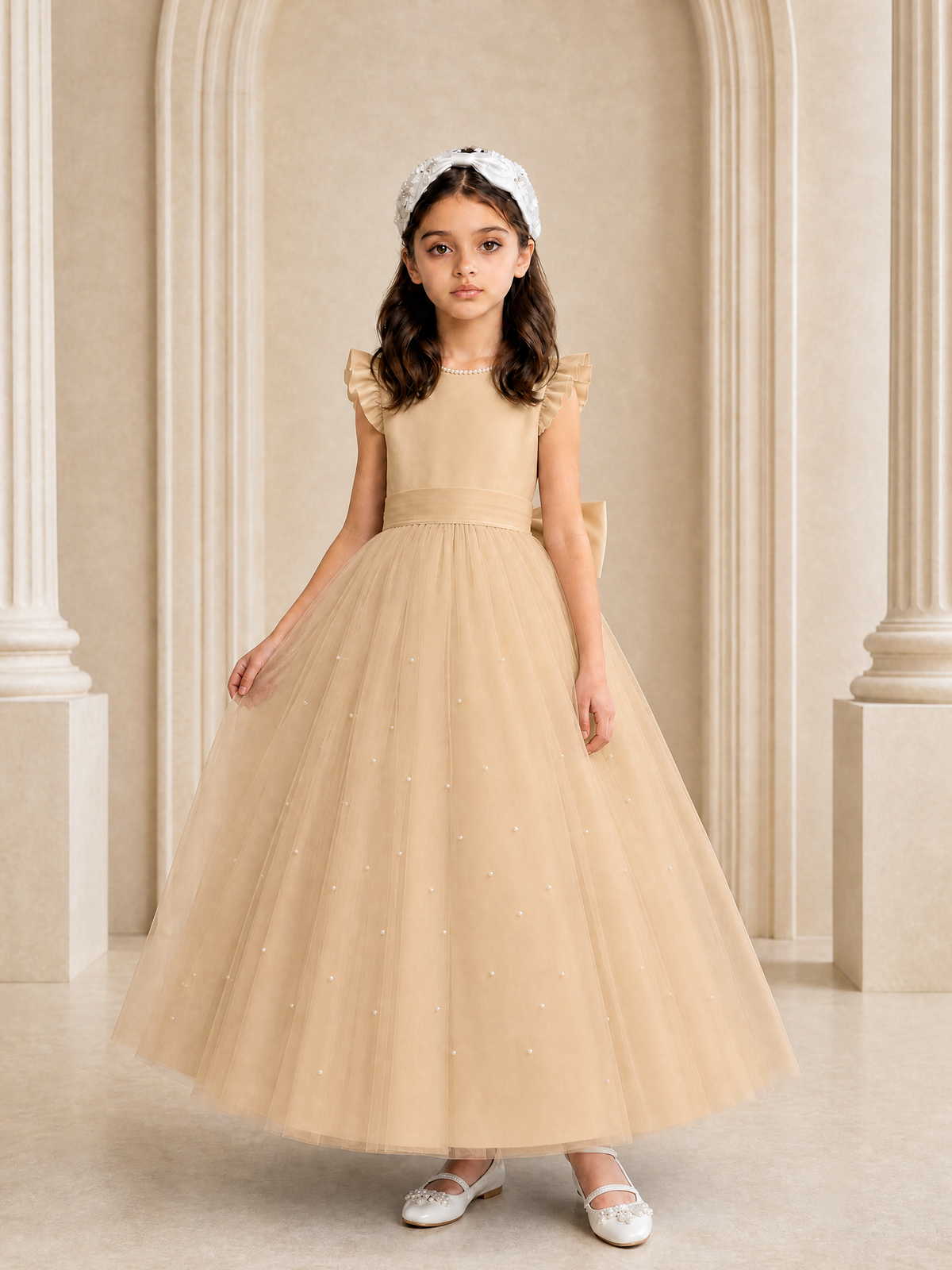 BOLODOO Rose Gold Tulle Flower Girl Dress with Ruffle Sleeves & Bow Back - Rose Gold - Rose_Gold_3