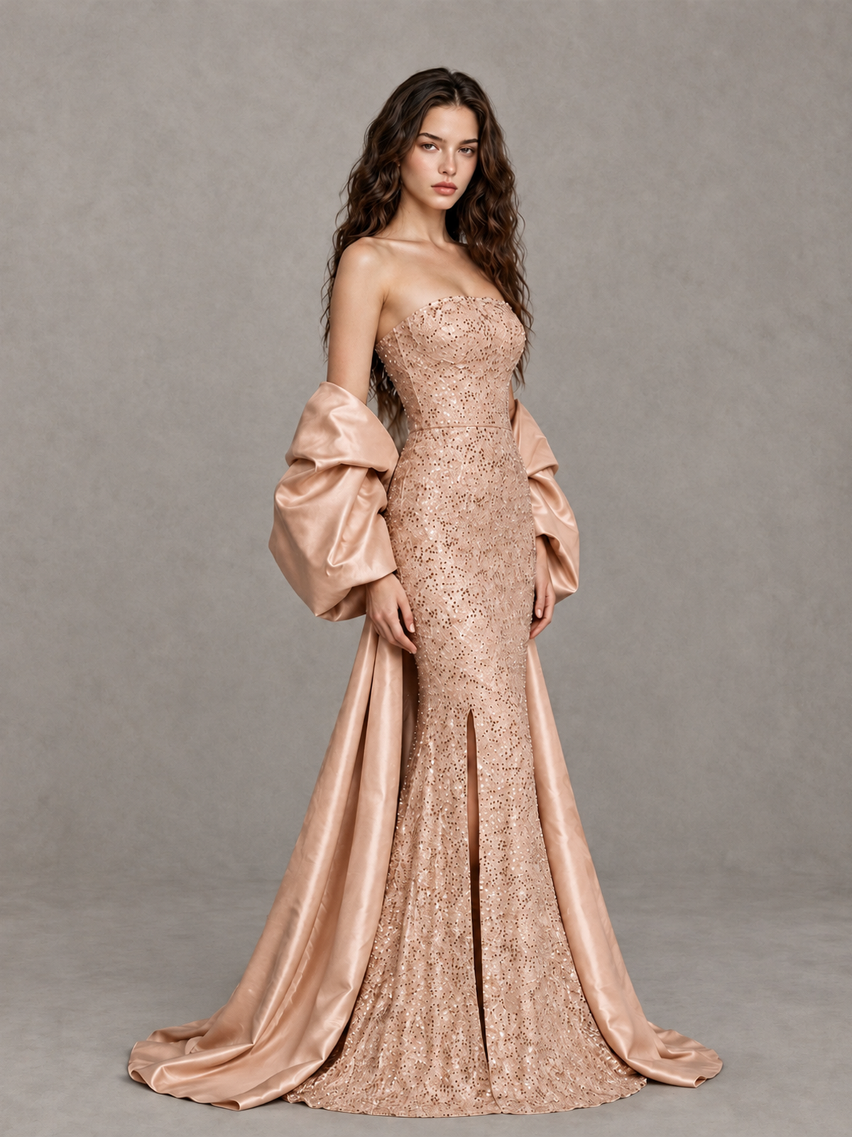 BOLODOO Rose Gold Strapless Sparkle Mermaid Prom Dress with Front Slit and Draped Sleeves - Rose Gold - Rose Gold_3