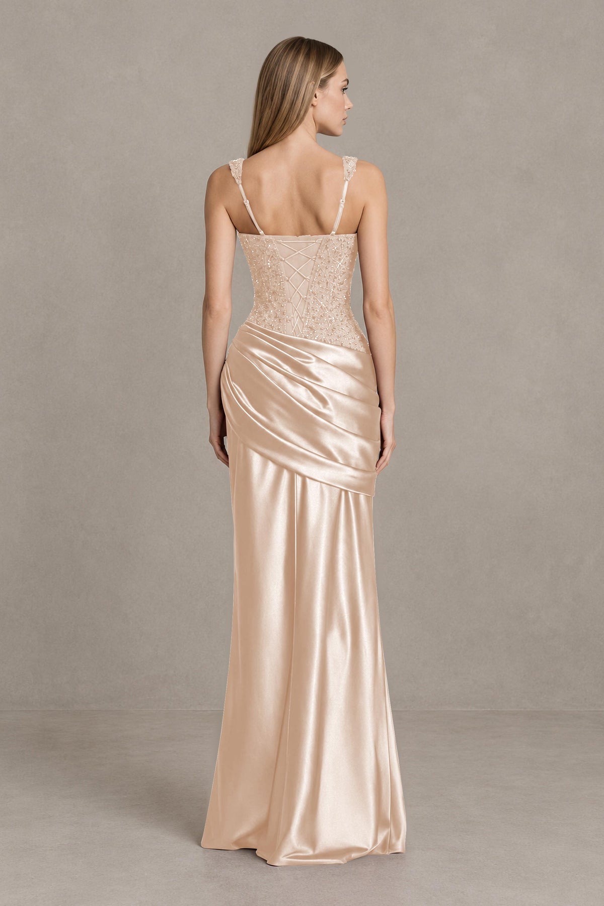 BOLODOO Rose Gold Square Neck Embellished Satin Evening Gown - Rose Gold