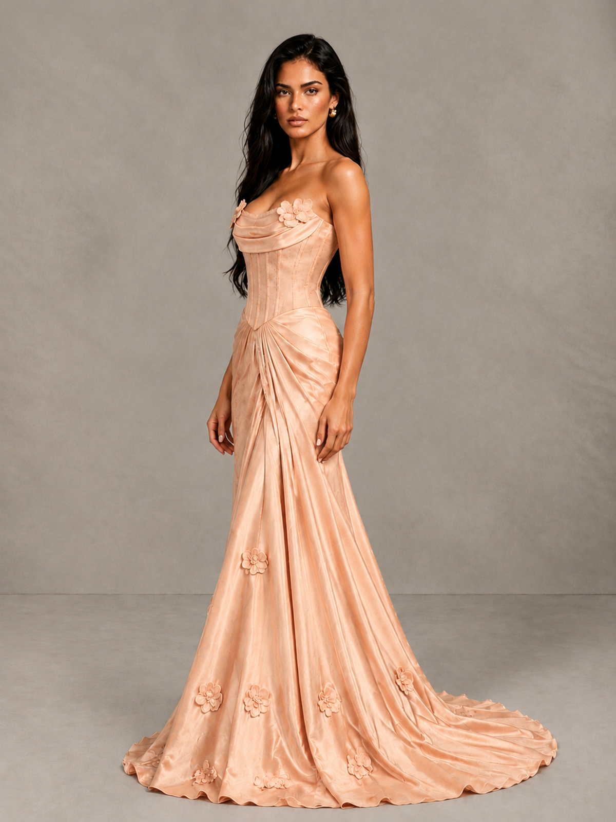 BOLODOO Rose Gold Strapless Floral Corset Evening Gown with Train - Rose Gold - Rose Gold_3