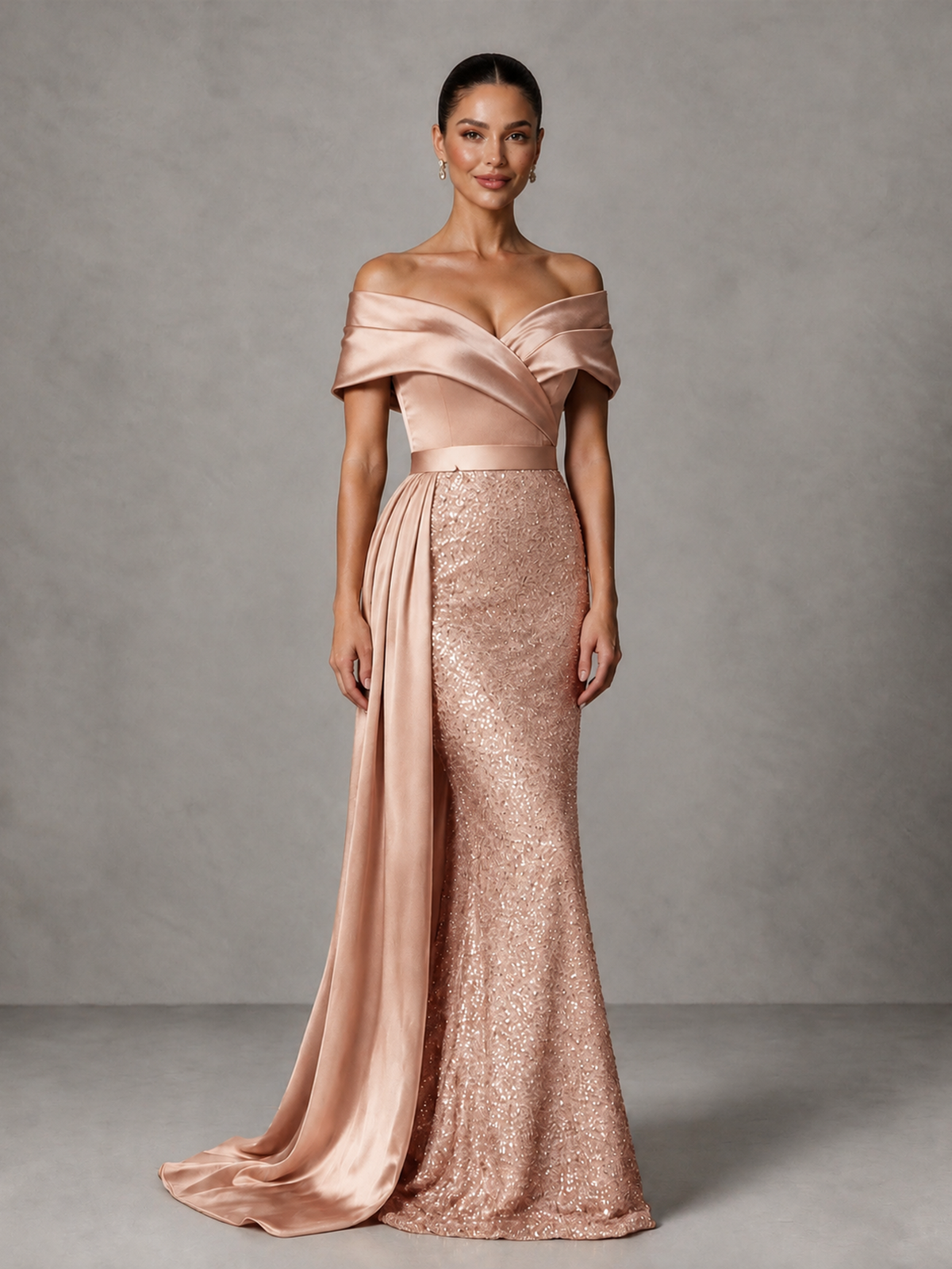 BOLODOO Rose Gold Sequin Mermaid Evening Dress with Off-Shoulder Satin Drape and Sweep Train - Rose Gold - Rose Gold_3
