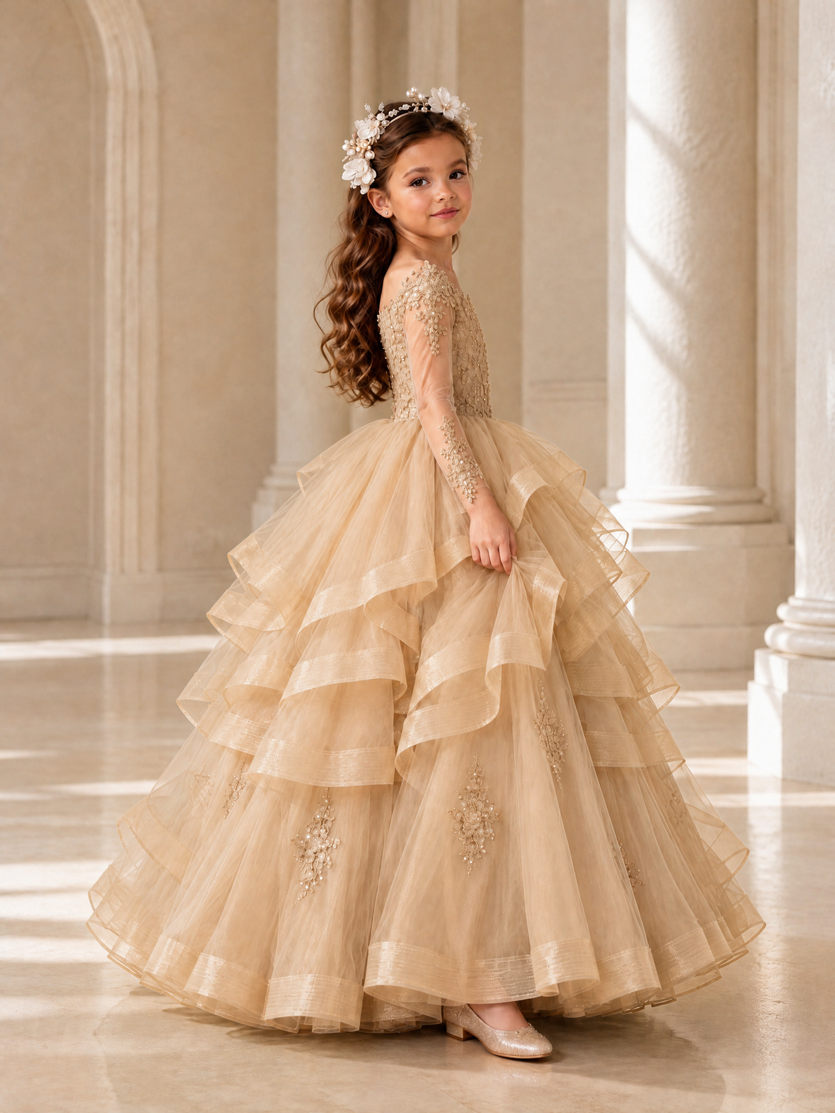BOLODOO Rose Gold Lace Long Sleeve Tiered Flower Girl Dress - Rose Gold - Rose_Gold_3