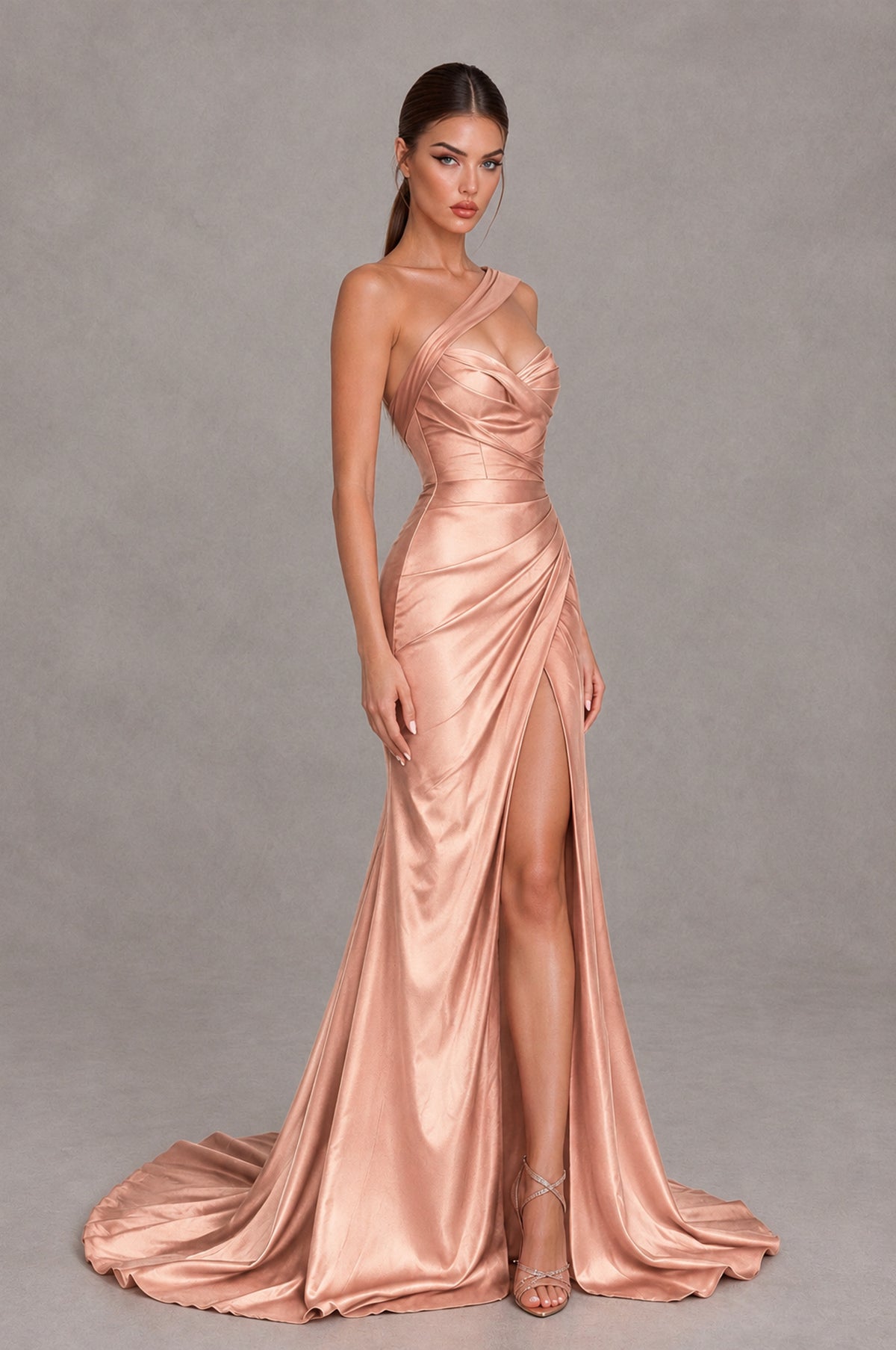 BOLODOO Rose Gold One Shoulder Satin Mermaid Evening Dress with Ruched Slit Skirt - Rose Gold - Rose Gold_3