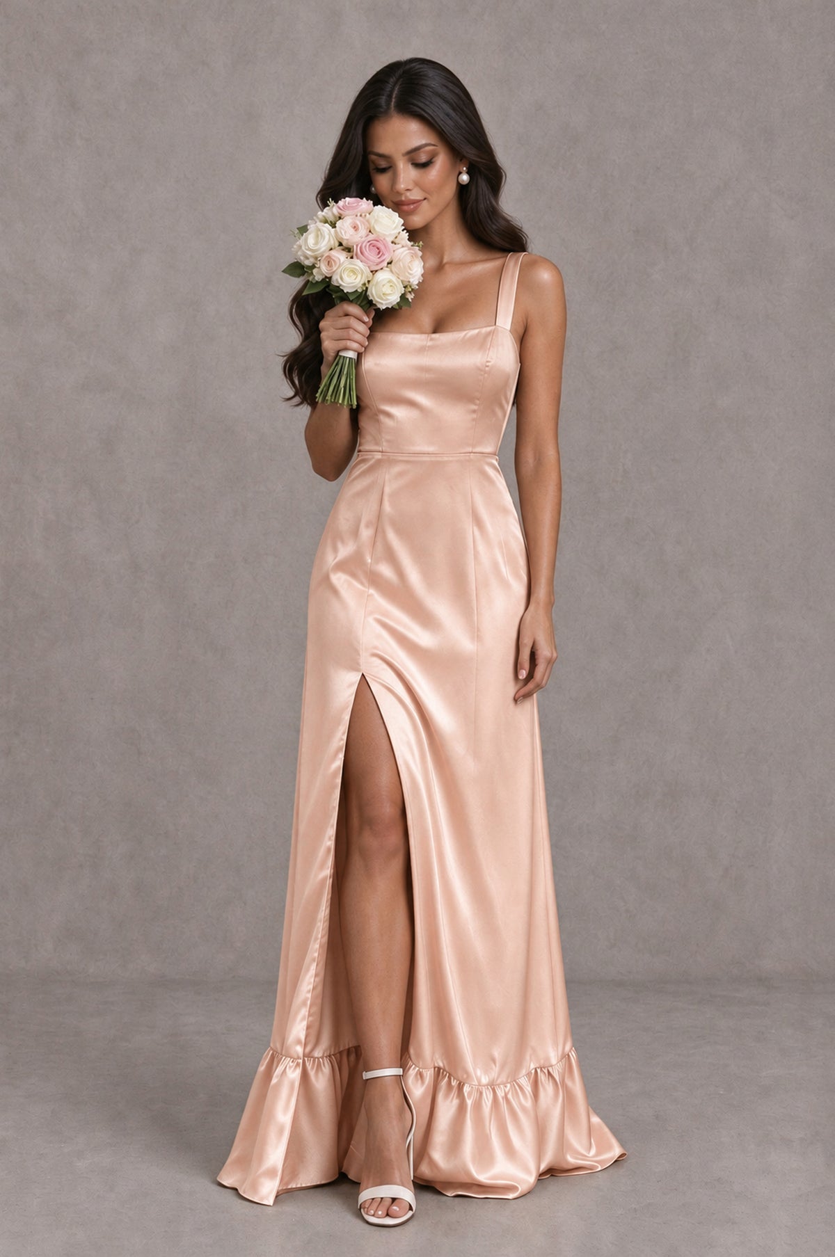 BOLODOO Rose Gold Square Neck Satin Evening Dress with Lace-Up Back and High Slit - Rose Gold - Rose Gold_3