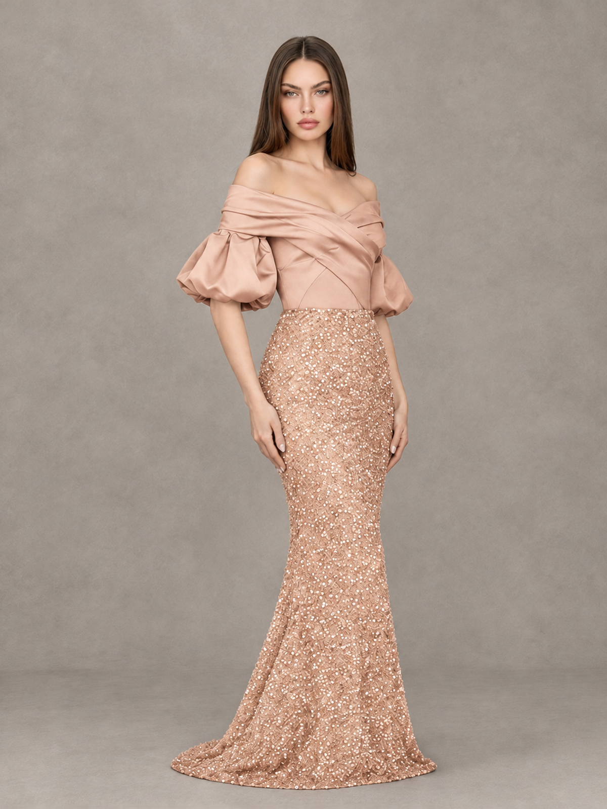 BOLODOO Rose Gold Off-Shoulder Puff Sleeve Sequin Mermaid Evening Dress - Rose Gold - Rose Gold_3